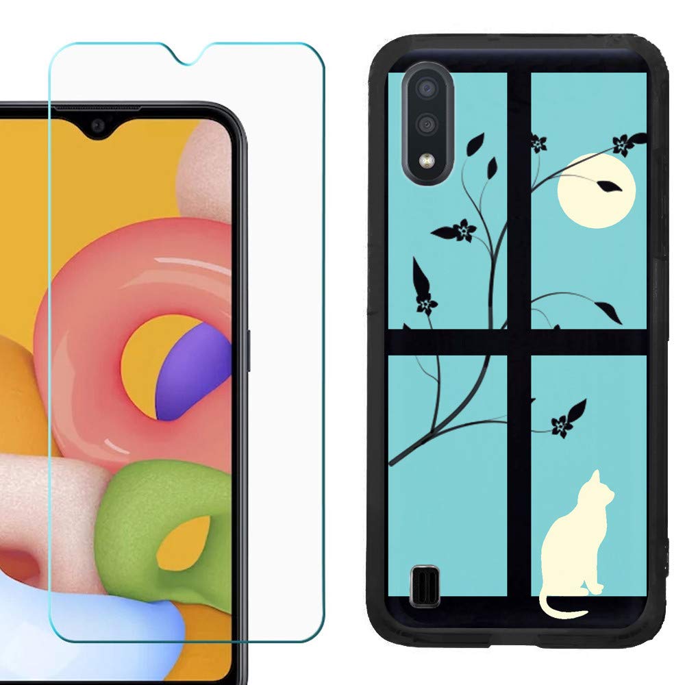 OneToughShield Slim-Fit TPU Protective Case for Samsung Galaxy A01 (Black) with Tempered Glass Screen Protector - Moon & Cat Design | Durable Phone Cover for Everyday Use, Work & Outdoor Activities