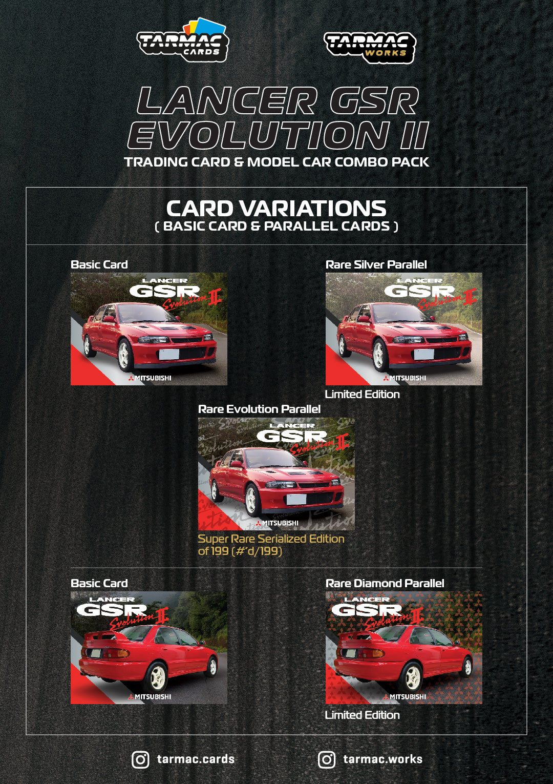 Tarmac Works 1/64 Scale Mitsubishi Lancer GSR Evolution II Diecast Model Car - Red with Tarmac Cards - Collectible Miniature Vehicle for Display & Racing Scenes - Perfect for Car Enthusiasts & Model Collectors
