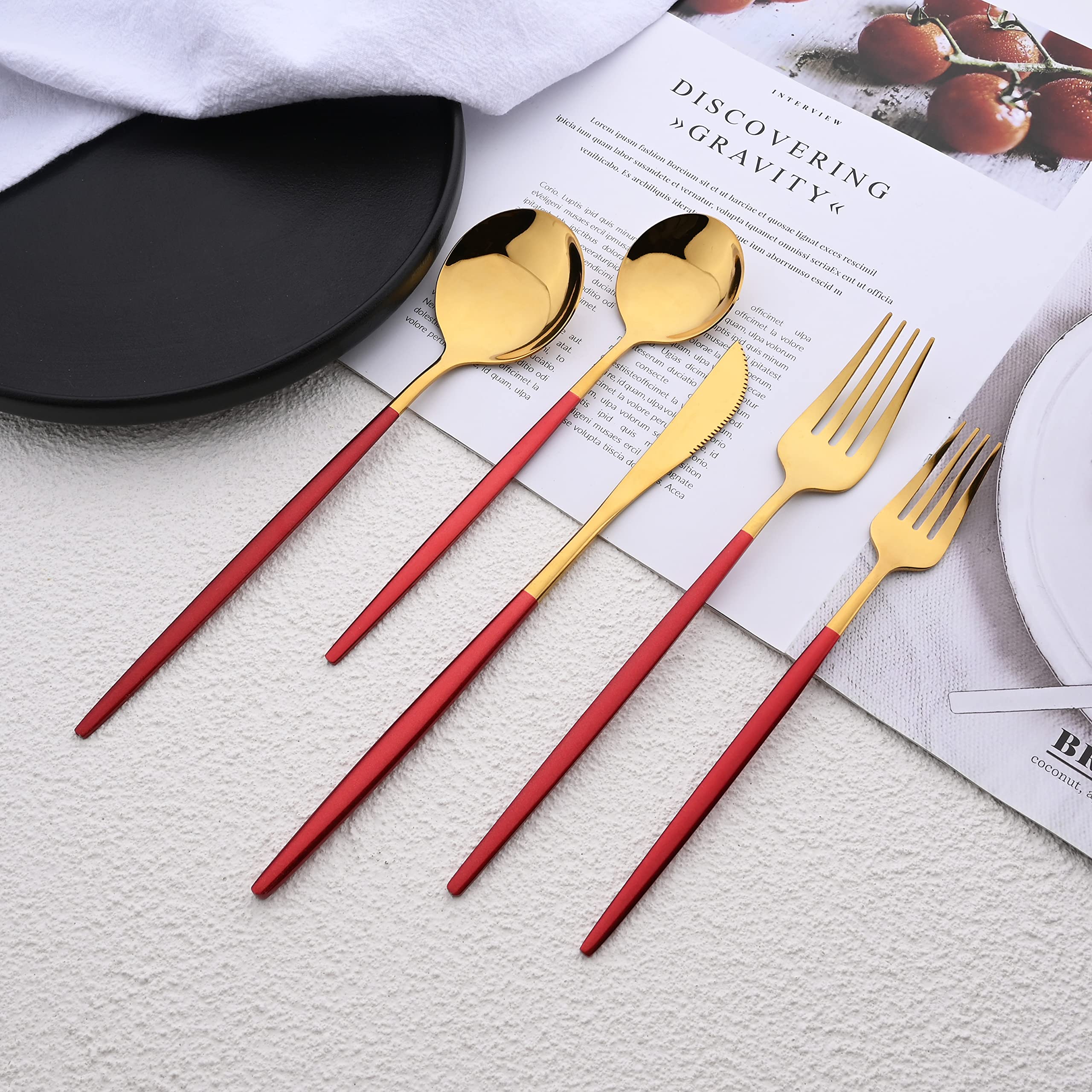 20-Piece Silverware Set for 4 - Stainless Steel Flatware Set with Red Gold Trim - Complete Cutlery Set with Spoons, Knives & Forks - Perfect for Family Dinners, Parties & Everyday Dining