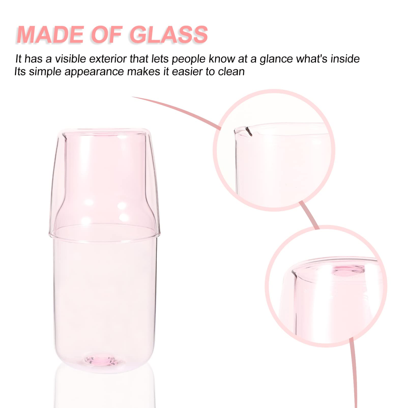 DOITOOL Pink Nightstand Water Set - 520ml Glass Pitcher with Tumbler for Bedside, Perfect for Water, Iced Tea, Lemonade & Juice - Ideal for Bedroom, Office, or Gift