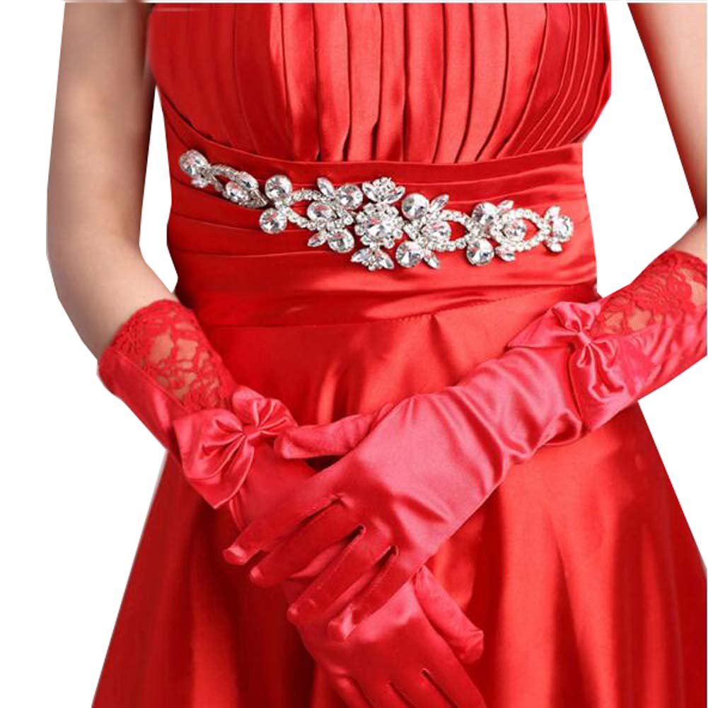 Elegant White Satin Lace Gloves with Floral Embroidery for Weddings & Formal Events - Red (Bridal Accessories, Evening Gloves, Vintage Style)