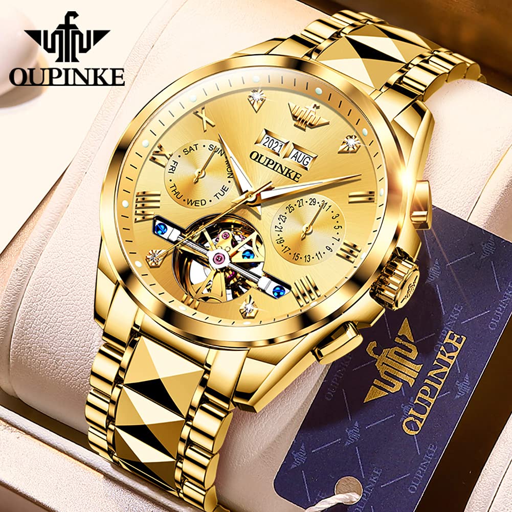 OUPINKE Men's Automatic Skeleton Watch - Self-Winding Mechanical Watch with Sapphire Crystal, 50M Waterproof & Tungsten Steel Case - Perfect for Business, Formal Events & Everyday Wear