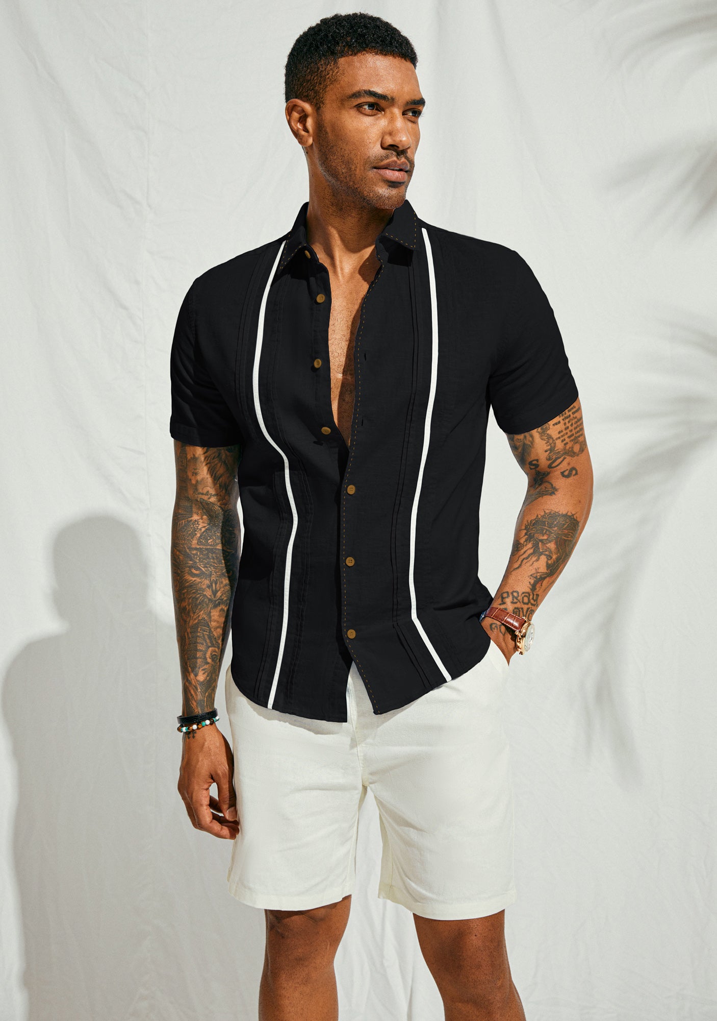 Men's Casual Linen Guayabera Shirt - Cuban Style Button Down Cardigan with Color Block Stripes | Breathable Cotton Beach Shirt for Summer Vacation & Tropical Outings