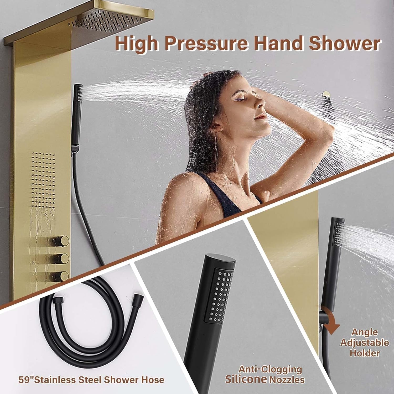 Premium Stainless Steel Shower Tower System with Rainfall Shower Head, Hand Shower & Body Jets - Brushed Gold Finish | Luxury Bathroom Upgrade for Spa-Like Experience