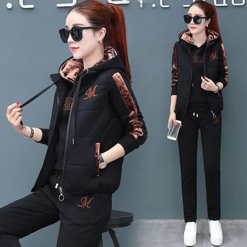 Women's Autumn Winter Casual Sweatpants Set - Plush Thickened Hoodie & Waistcoat 3-Piece Outfit | Cozy Lounge Wear for Home, Gym & Street Fashion