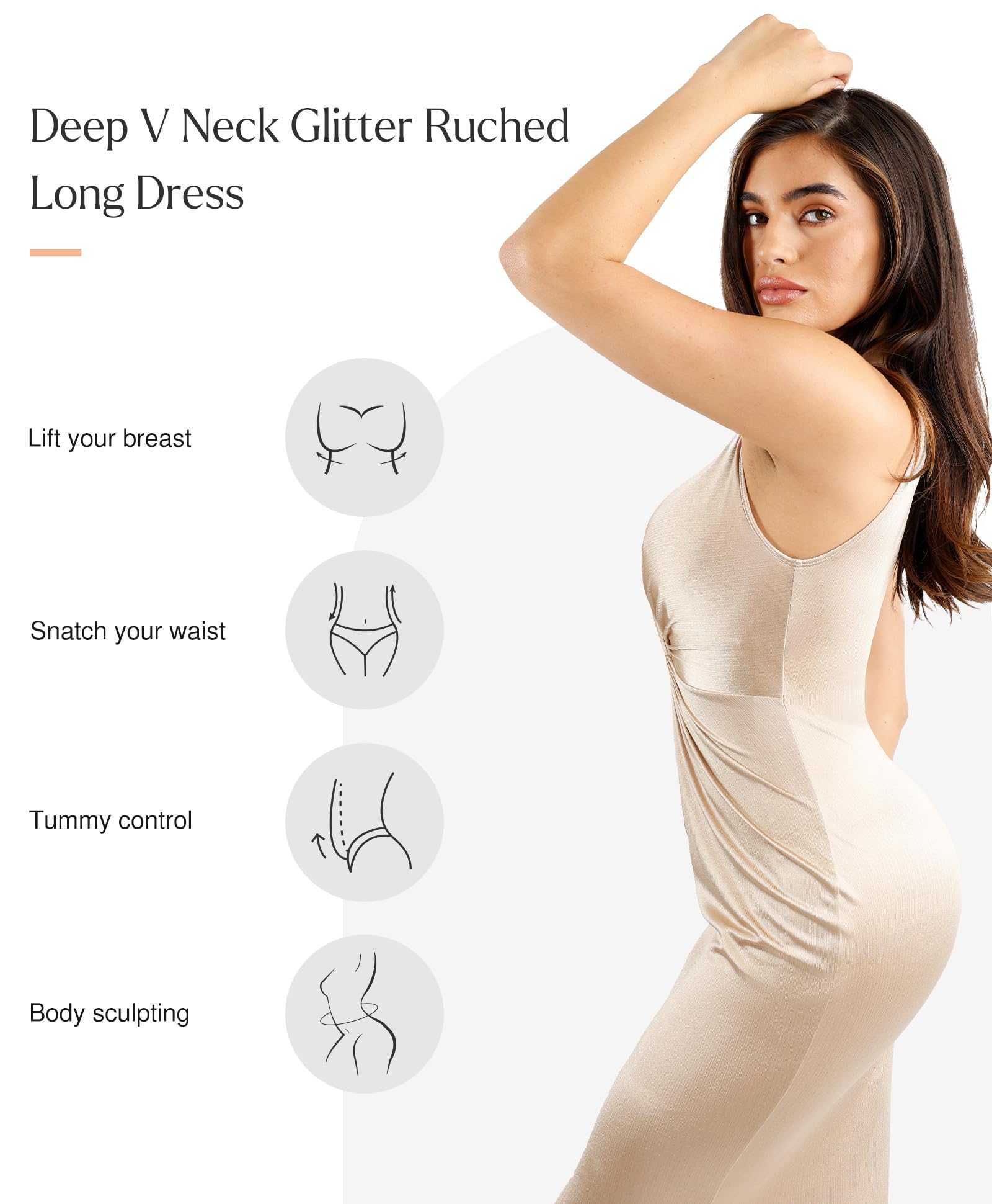 Popilush Shapewear Dress - Ruched Bodycon Maxi Dress with Deep V Neck & Built-in Shapewear | Formal Long Sleeveless Dress for Women | Perfect for Weddings, Parties & Evening Events
