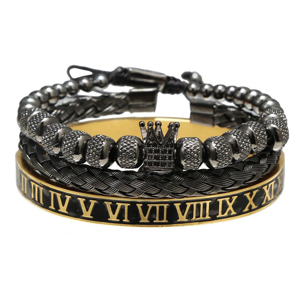 Vintage Crown Woven Bracelet Set - Stainless Steel Roman Letter Charm Bracelets for Women, European & American Retro Style Jewelry - Perfect for Daily Wear, Gift Giving & Special Occasions