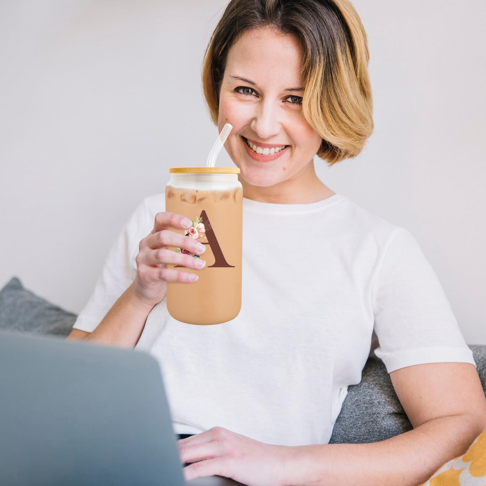 Personalized 16 Oz Glass Tumbler with Lid & Straw - Custom Monogrammed Coffee Cup - Perfect Birthday, Mother's Day Gift for Women - Ideal for Iced Coffee, Smoothies & Office Use