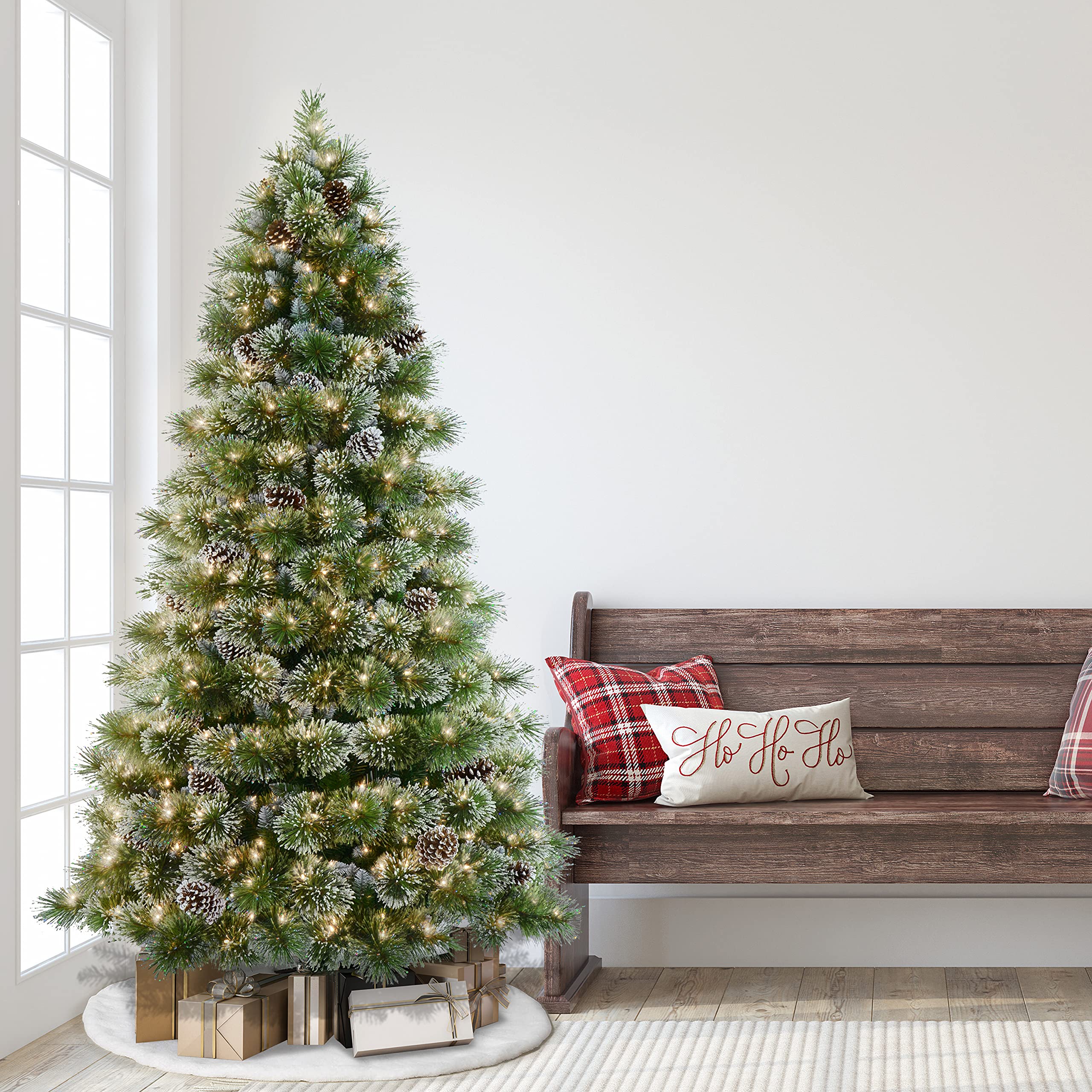 Puleo International 7.5ft Pre-Lit Artificial Christmas Tree with 450 LED Lights - Frosted Boulder Pine Design for Holiday Home Decor | Perfect for Living Room, Office & Christmas Party Decoration