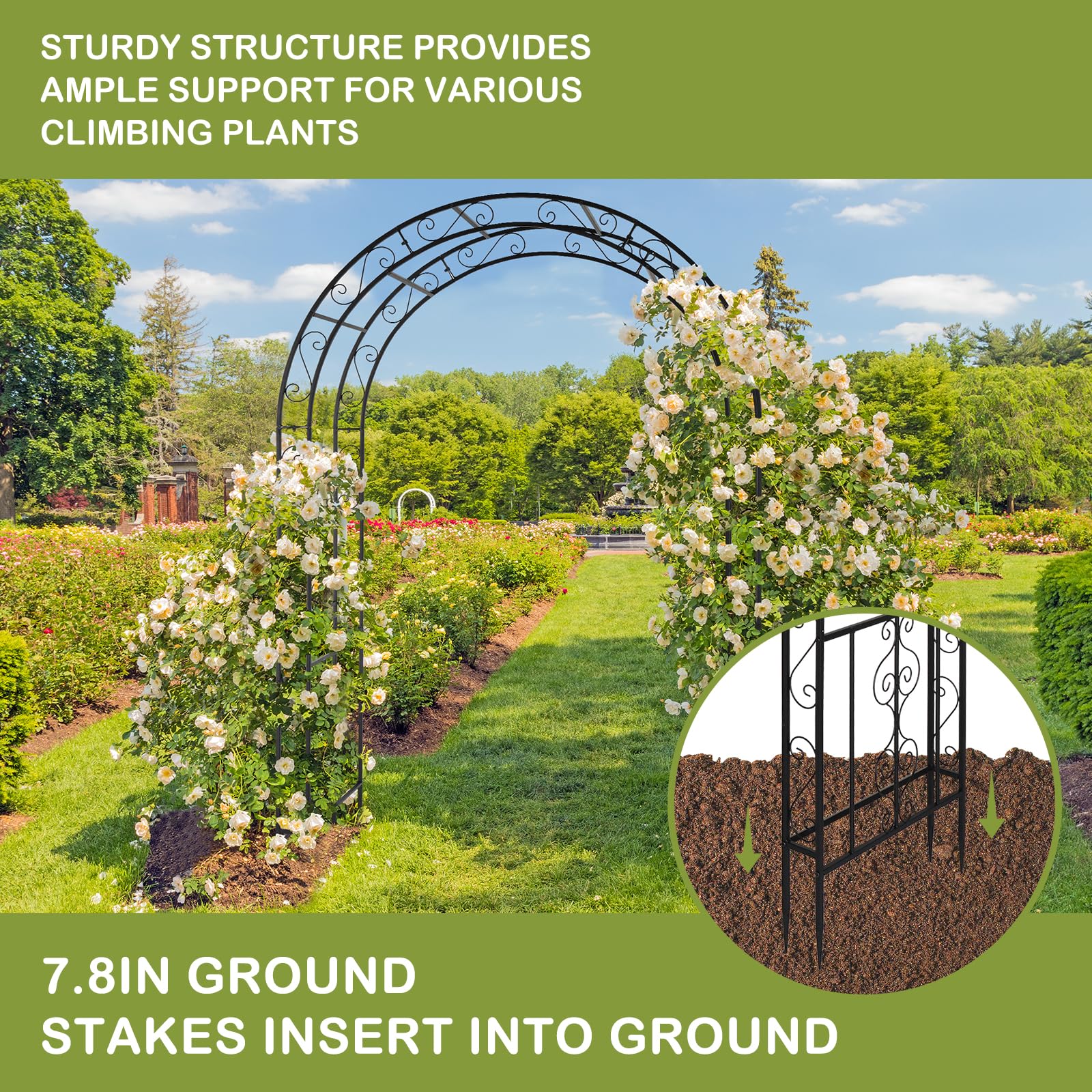 Outvita 7FT Heavy Duty Metal Garden Arch Arbor - Black Decorative Trellis with 7 Inch Ground Stakes for Climbing Roses, Vines & Wedding Decor | Perfect for Courtyard, Patio, Lawn & Outdoor Ceremonies