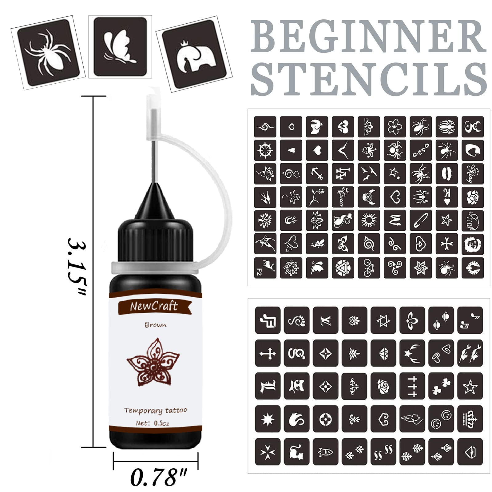 4 Packs Temporary Tattoo Kit - Brown Ink & Stencils for Adults, Teens, Kids | Skin Friendly, Safe & Easy to Use | Perfect for Parties, Halloween, Cosplay & Body Art