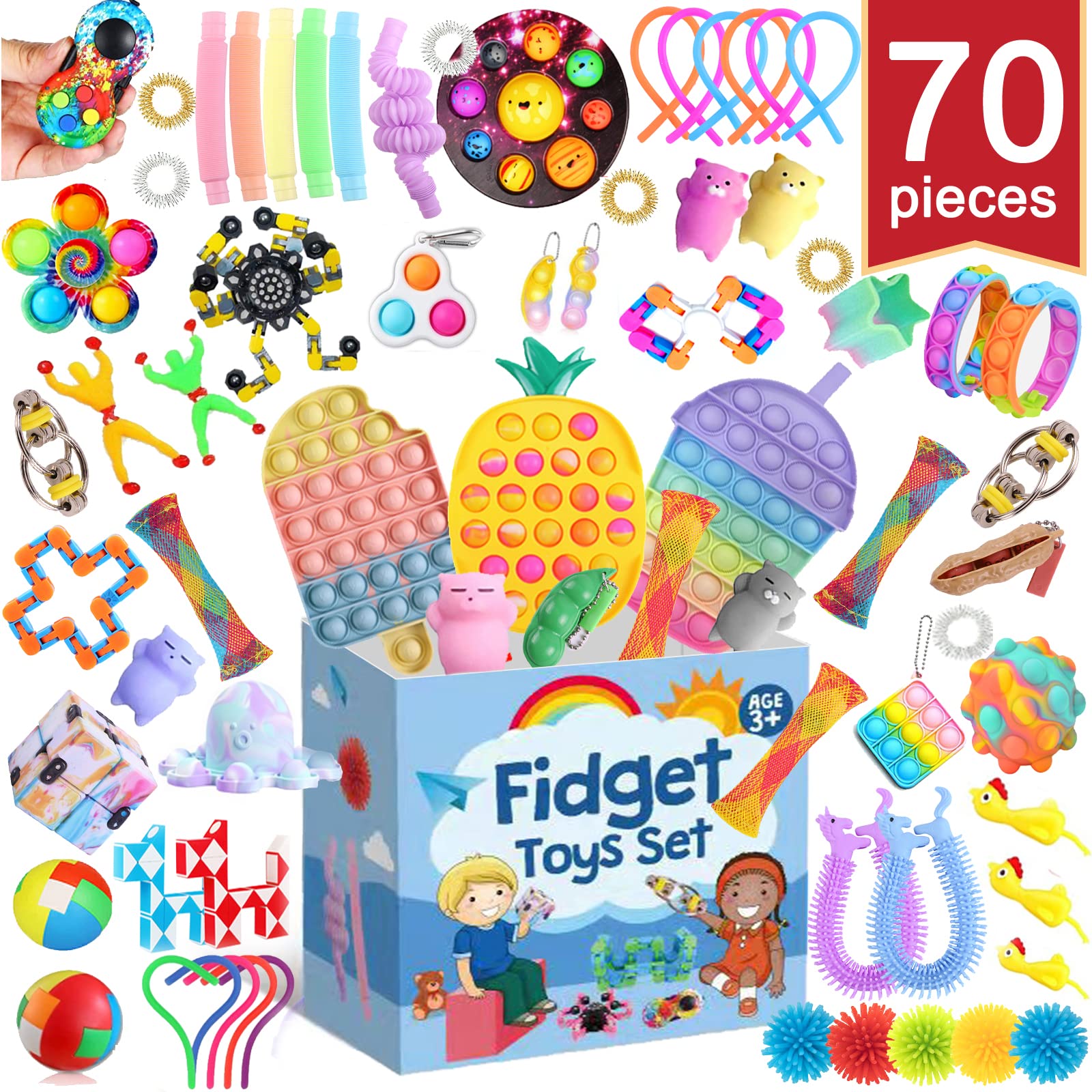 Easter Basket Stuffers - 24-Piece Fidget Toy Set with Ice Cream, Pineapple, Drink Cup, Stress Ball, Infinity Cube & Pop Tubes - Sensory Toys for Kids & Adults - Perfect for Stress Relief, Autism, ADHD, Classroom & Travel