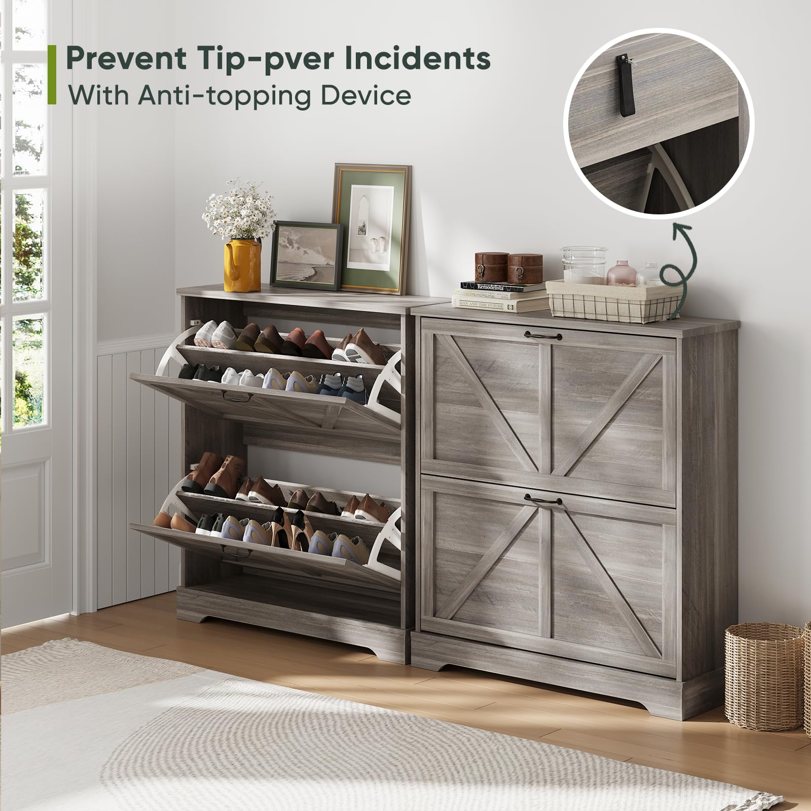 Farmhouse Shoe Cabinet with 2 Flip Drawers - Slim Entryway Storage for Shoes & Boots