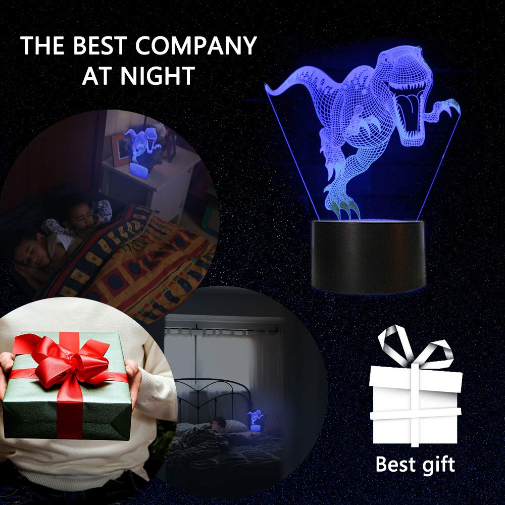 Dinosaur 3D Night Light for Kids - Touch Control LED Desk Lamp with 7 Color Changing Modes & USB Power, Perfect for Bedroom, Nursery, Study Room | T-Rex Illusion Lamp | Great Birthday & Christmas Gift for Boys & Girls