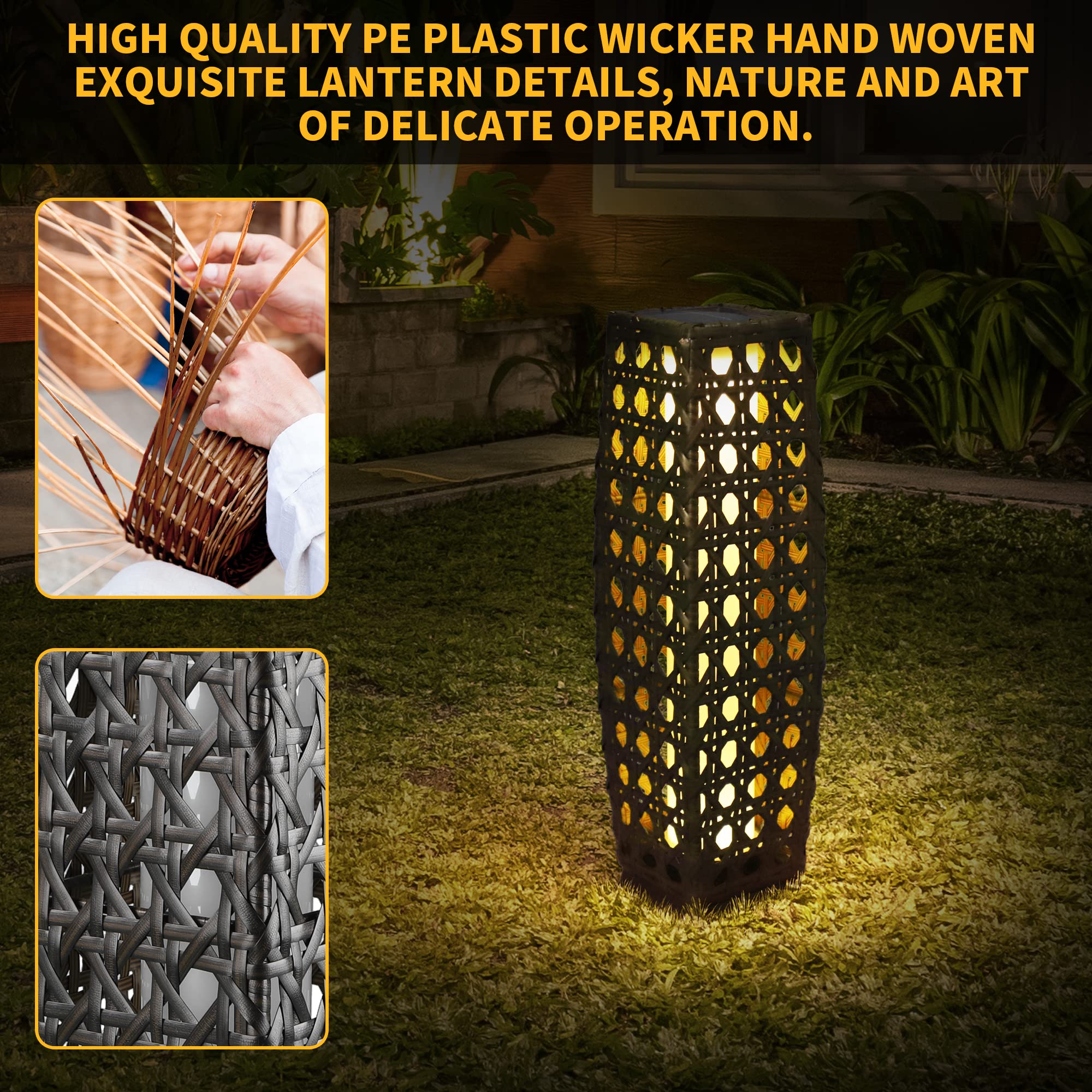 Solar Powered Outdoor Floor Lamps - 2 Pack Waterproof Solar Lanterns with Resin Wicker Design, Weather-Resistant Rattan Deck Lights for Patio, Lawn, Porch, Garden - Perfect for Evening Gatherings & Landscape Lighting