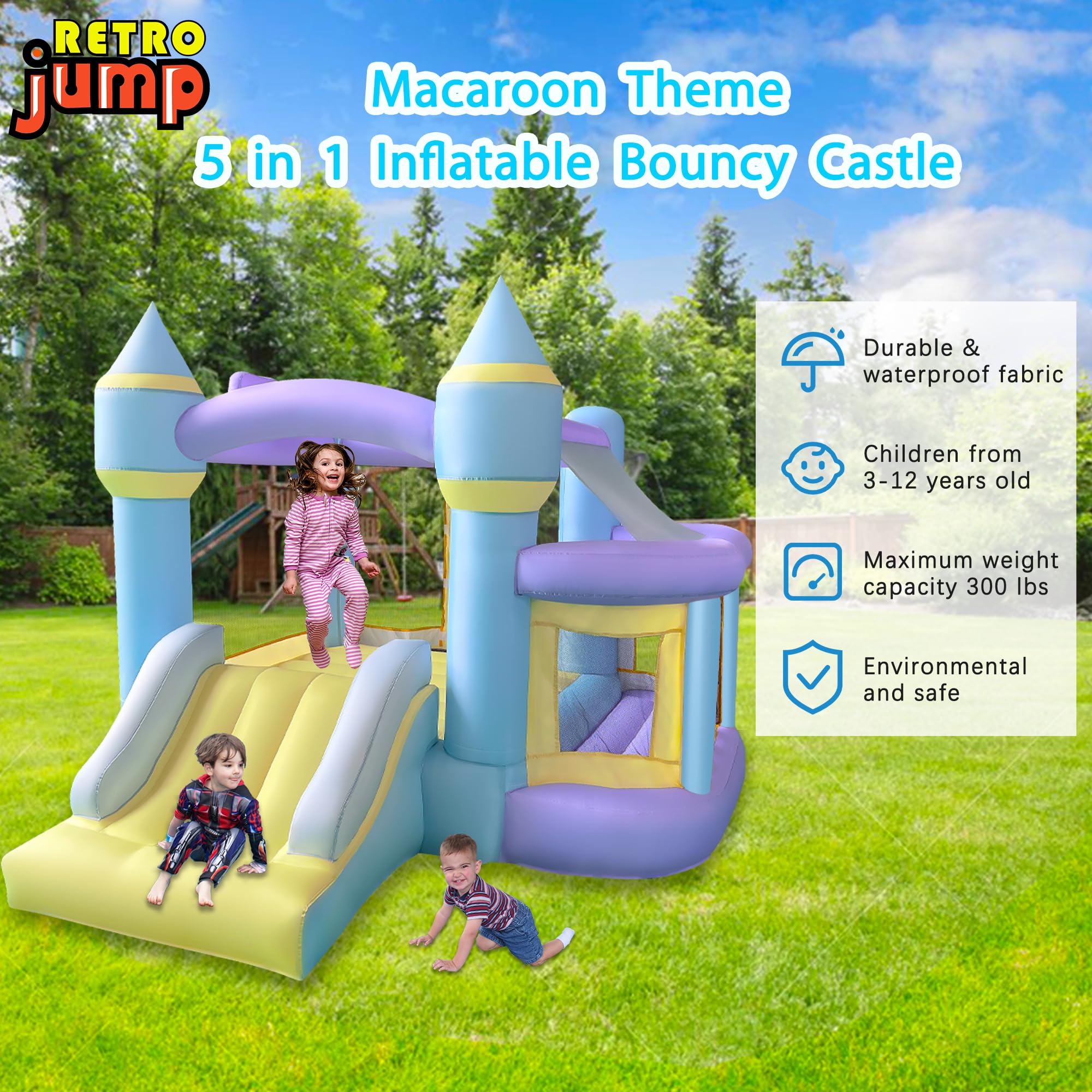 **RETRO JUMP Inflatable Bounce House for Kids - Bouncy Castle with Slide, Ball Pit, Basketball Rim, Blower Included | Indoor/Outdoor Play, Birthday Parties, Backyard Fun (Includes Balls, Storage Bag, Patch Kit, Stakes)**