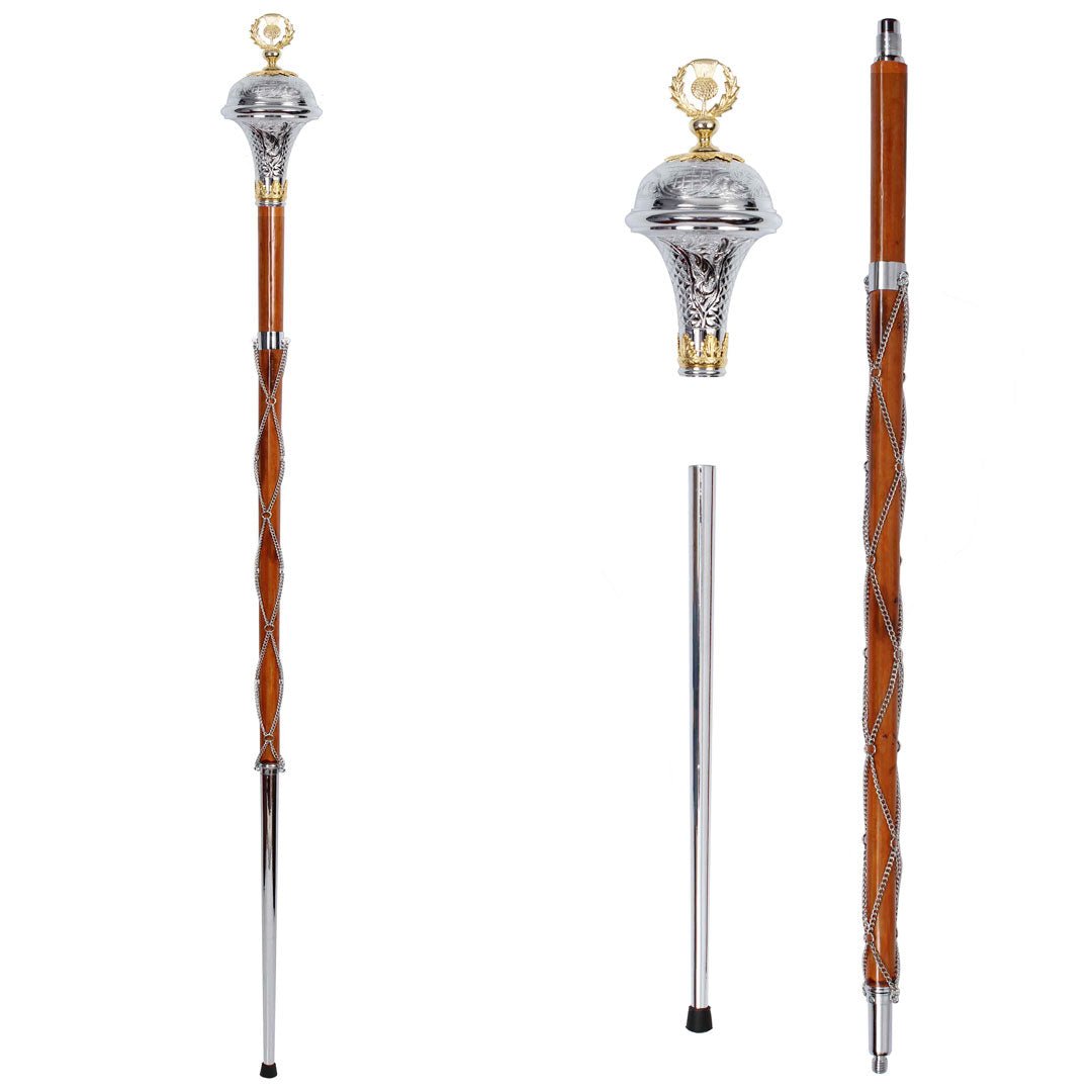 Professional Chrome Drum Major Mace Stave with Gold Thistle Flower Embossed Head - 3-Part Design for Marching Band Performances & Parades