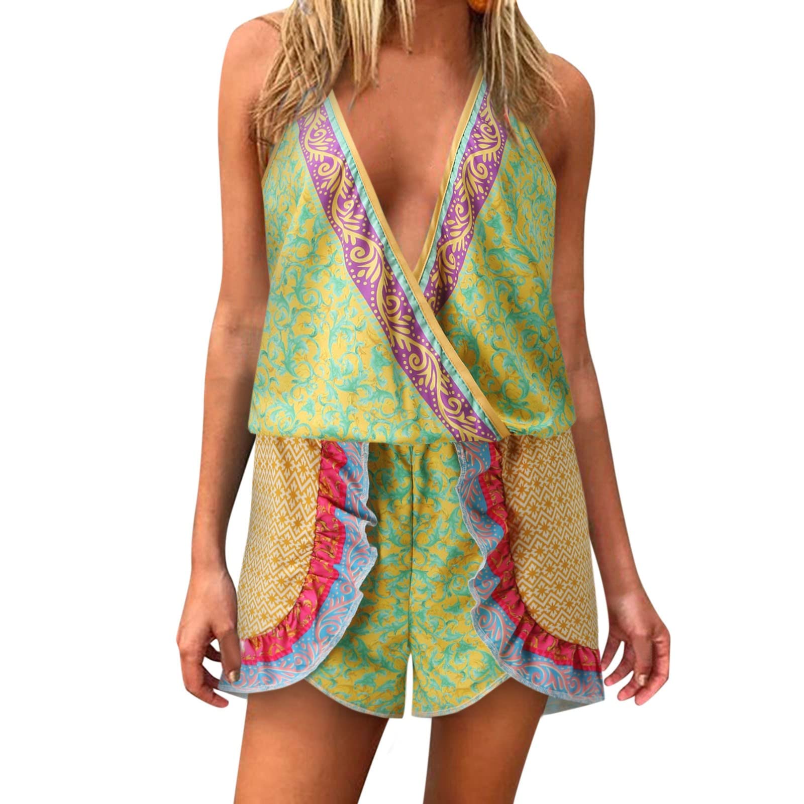 iOPQO Women's Casual Boho Print Jumpsuit - Strap V-Neck Romper Playsuit with Ruffle & Elastic Waist - Short Sleeve Gold Jumpsuit (Green, Size L) for Summer Beach Vacation, Music Festival & Boho Chic Outfits