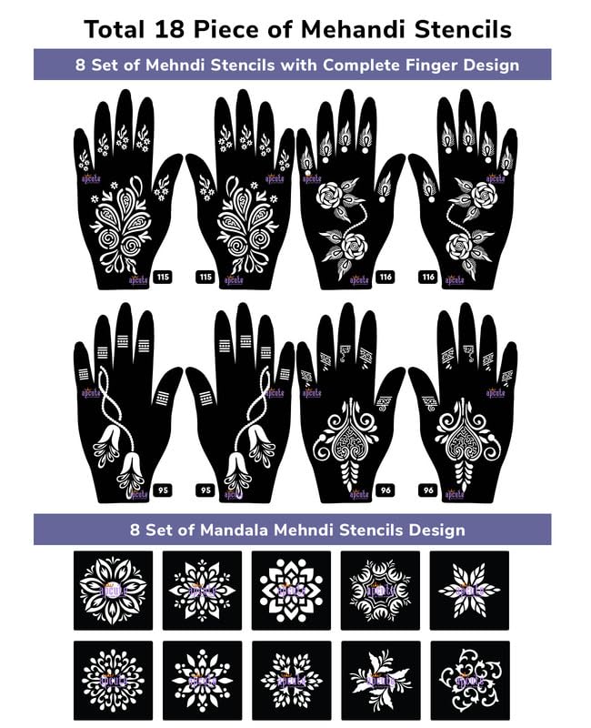 Apcute 18pc Combo Pack Henna Tattoo Stencils - Easy DIY Mehndi Design Stickers for Women, Girls & Kids - Perfect for Weddings, Parties & Festivals (Styles 115, 116, 95, 96)