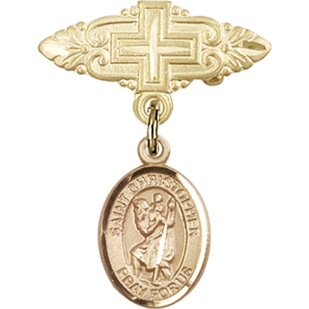 St. Christopher Gold Filled Baby Badge Charm with Cross - 1 x 3/4 Inch Religious Jewelry Pin for Baptism, Christening & Baby Blessing Gifts