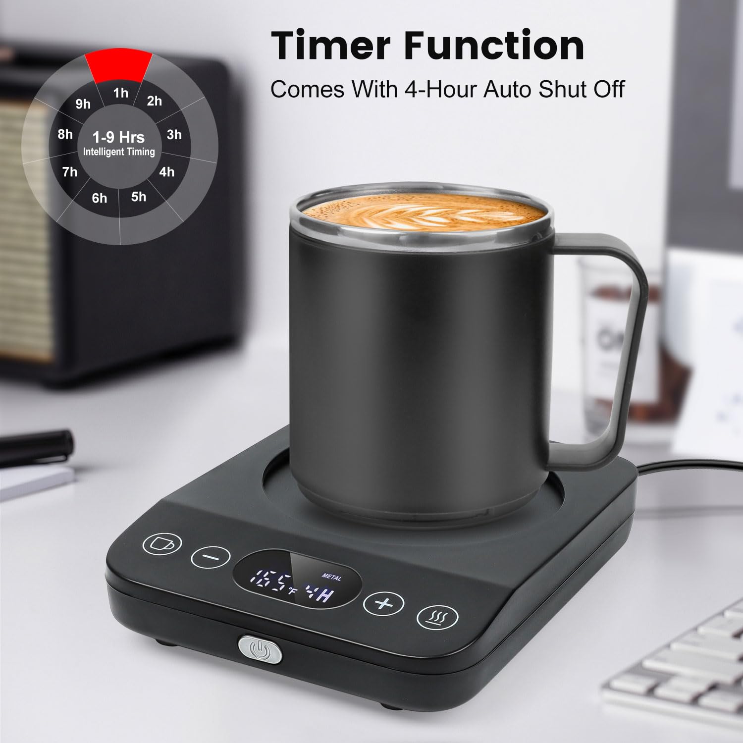 30W Coffee Mug Warmer with Auto Shut Off & Timer - 15.5oz Aesthetic Ceramic Mug Set - Smart Desk Heater for Coffee, Tea, Hot Beverages - Perfect for Office, Home Use & Gift Giving - Black