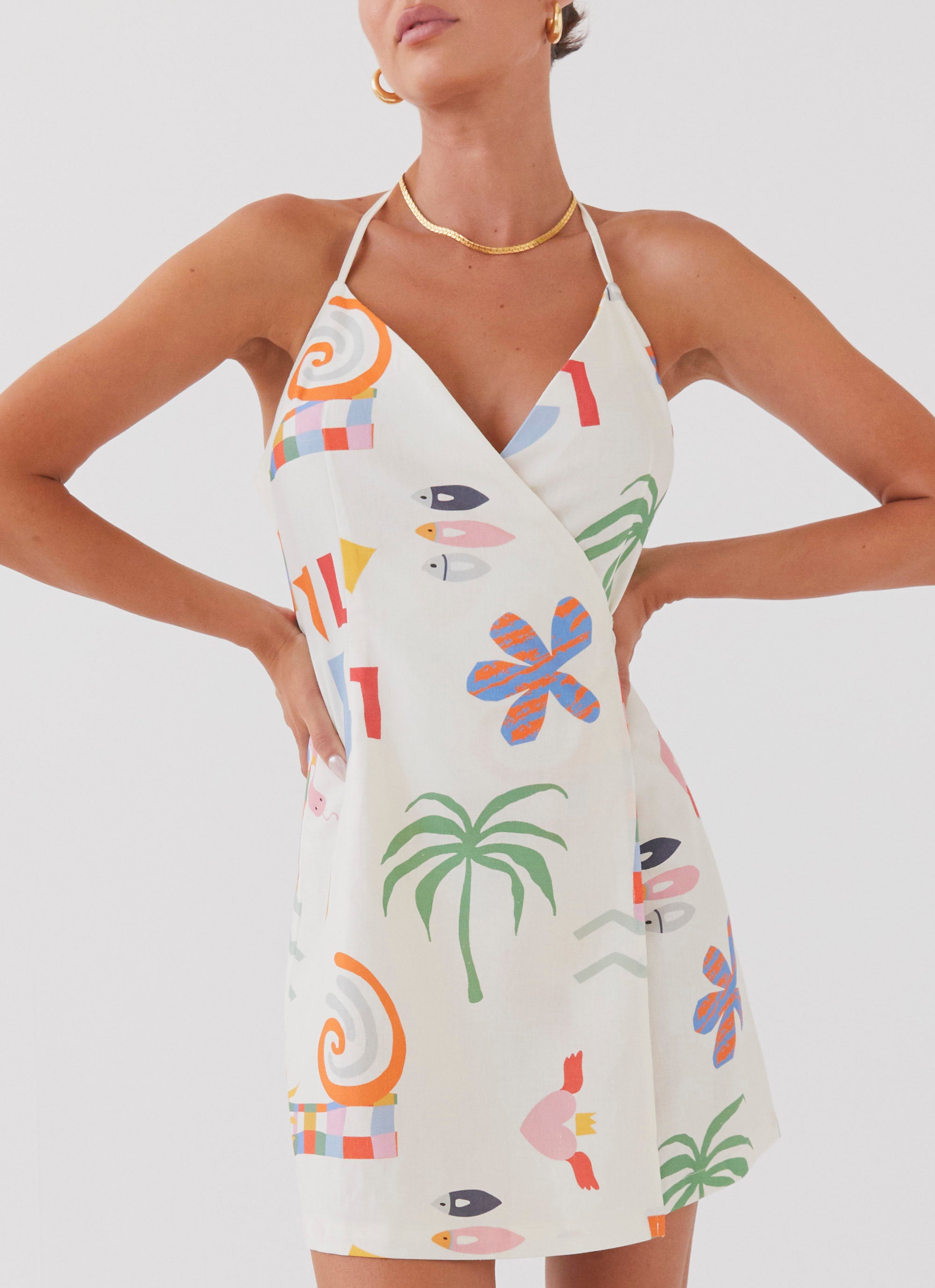At Last Sunrise Wrap Linen Mini Dress - Summer Palm Print Flowy Beach Dress for Women | Perfect for Vacation, Pool Party & Tropical Getaways