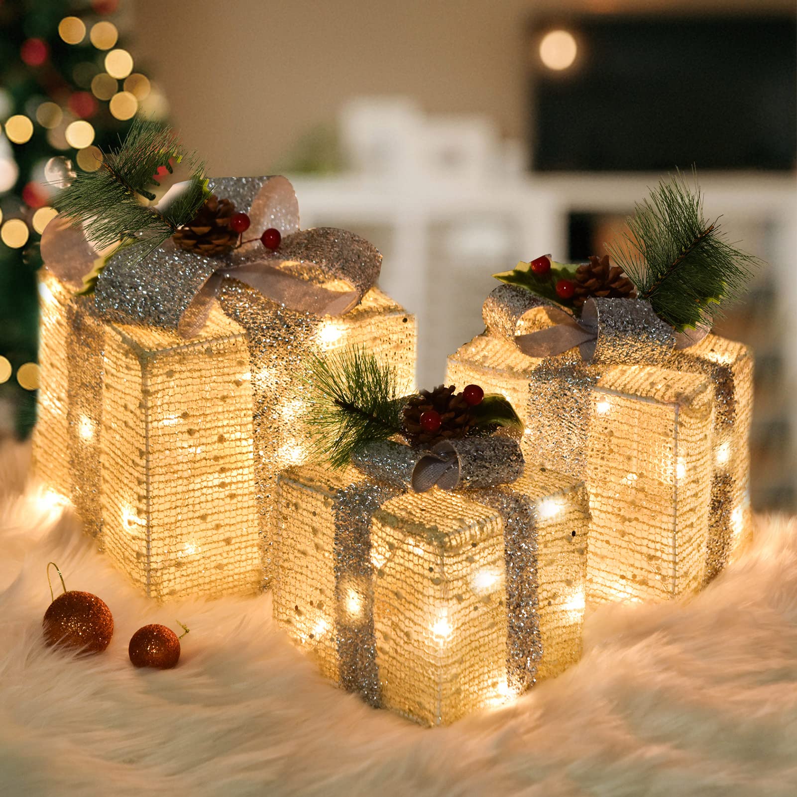 3-Pack Christmas Lighted Gift Box Decorations - 60 LED Warm White Pre-Lit Boxes, Battery Operated Holiday Decor for Xmas Tree, Home, Party | Indoor Use for Mantel, Table Centerpiece & Gift Display