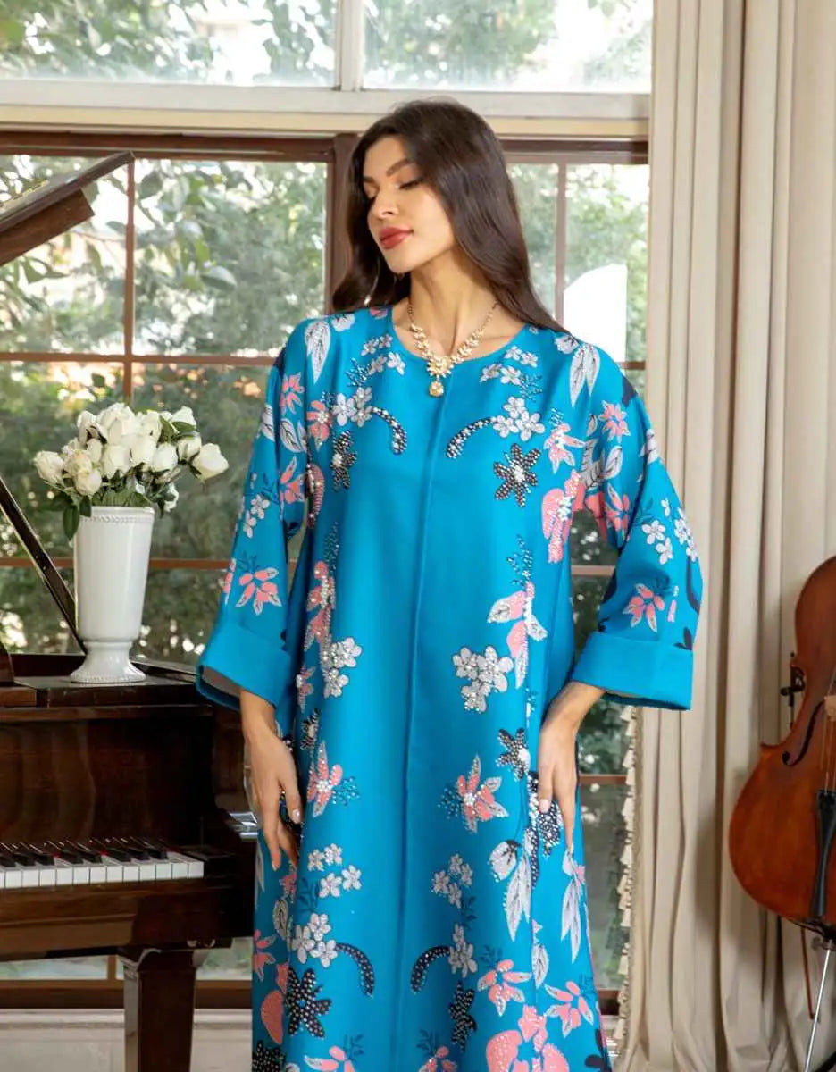 Hotfix Rhinestone Eid Dress - Elegant Burnout Caftan Kaftan for Women | Perfect for Eid Celebrations, Weddings & Special Occasions