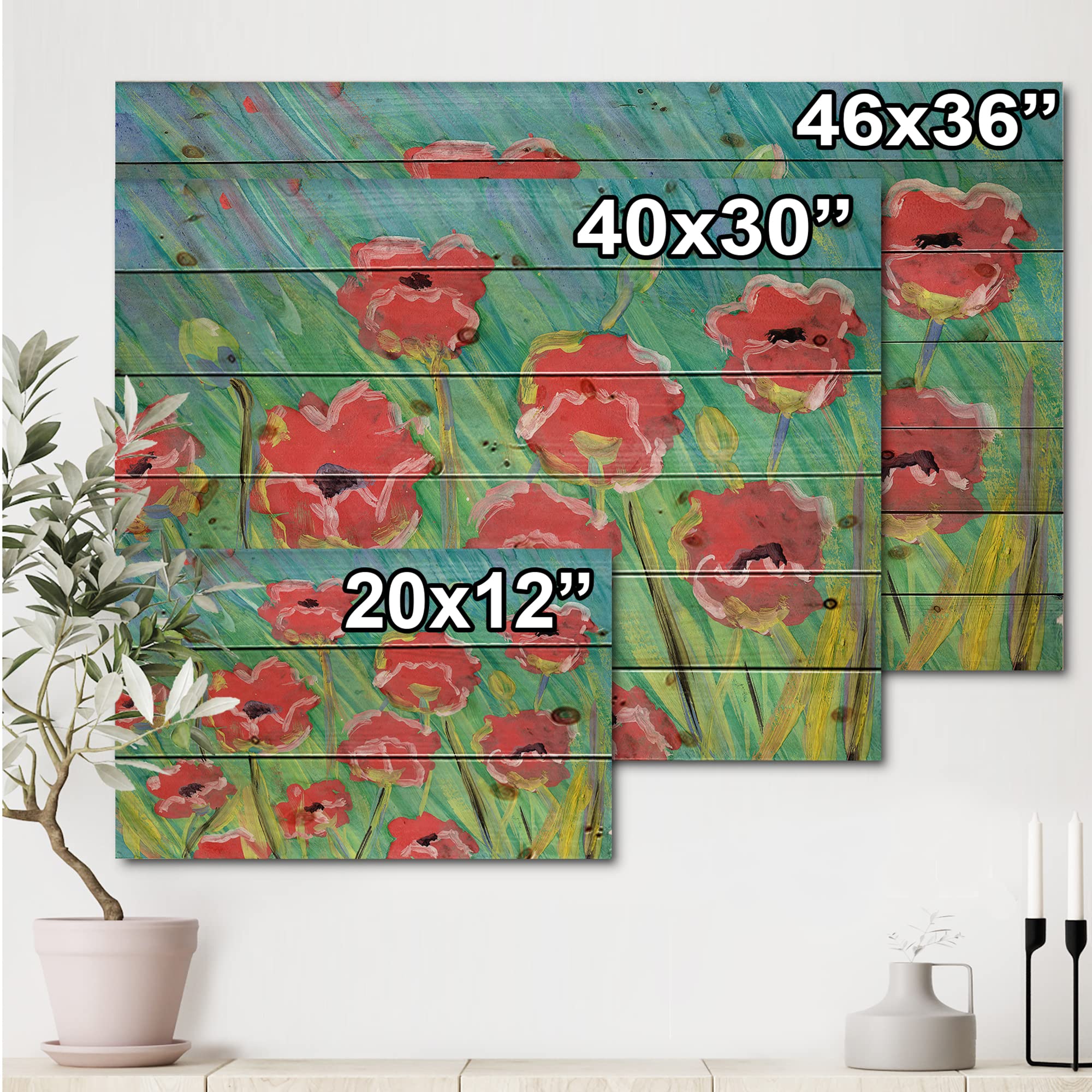 DesignQ Blooming Poppies Gouache Wood Wall Art - Traditional Red Floral Wall Decor - Large Pine Wood Wall Panels - Perfect for Living Room, Bedroom & Office Decoration