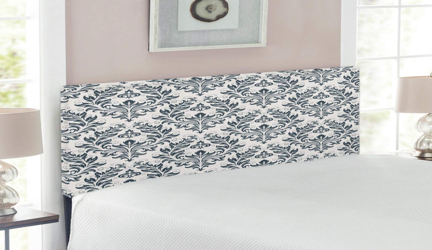 Ambesonne Victorian Floral Damask Upholstered Headboard - Queen Size Bed Frame with Memory Foam in Beige Grey | Classic Ornamental Design for Bedroom Decor & Master Suite Upgrade