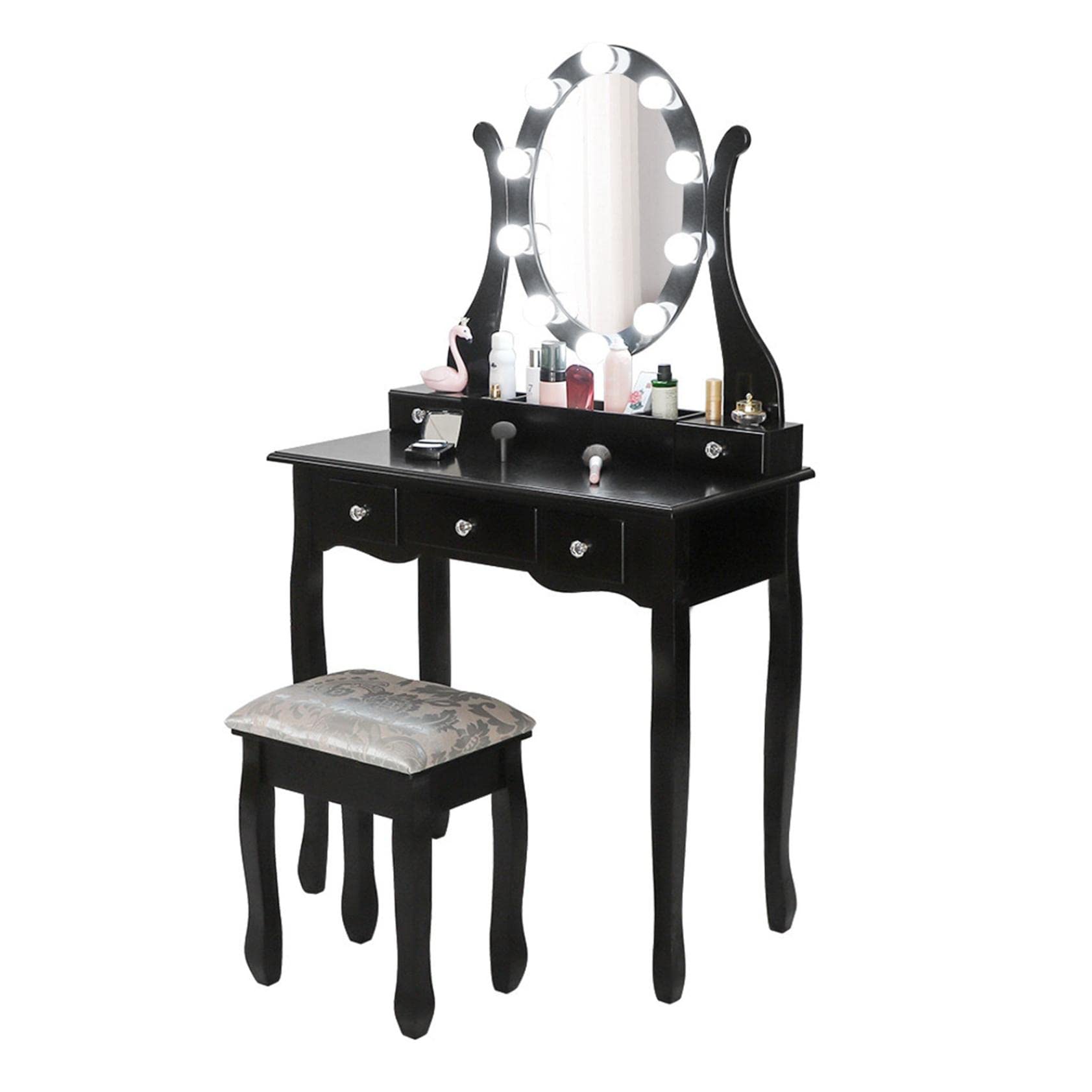 Vanity Table Set with Lighted Mirror & Cushioned Stool - 10 LED Lights, 5 Drawers, 3 Lighting Modes, Adjustable Brightness - Modern Makeup Dressing Table (80x40x137cm) for Bedroom, Dorm Room, Beauty Salon - Perfect for Makeup Application, Skincare Routine, and Hair Styling