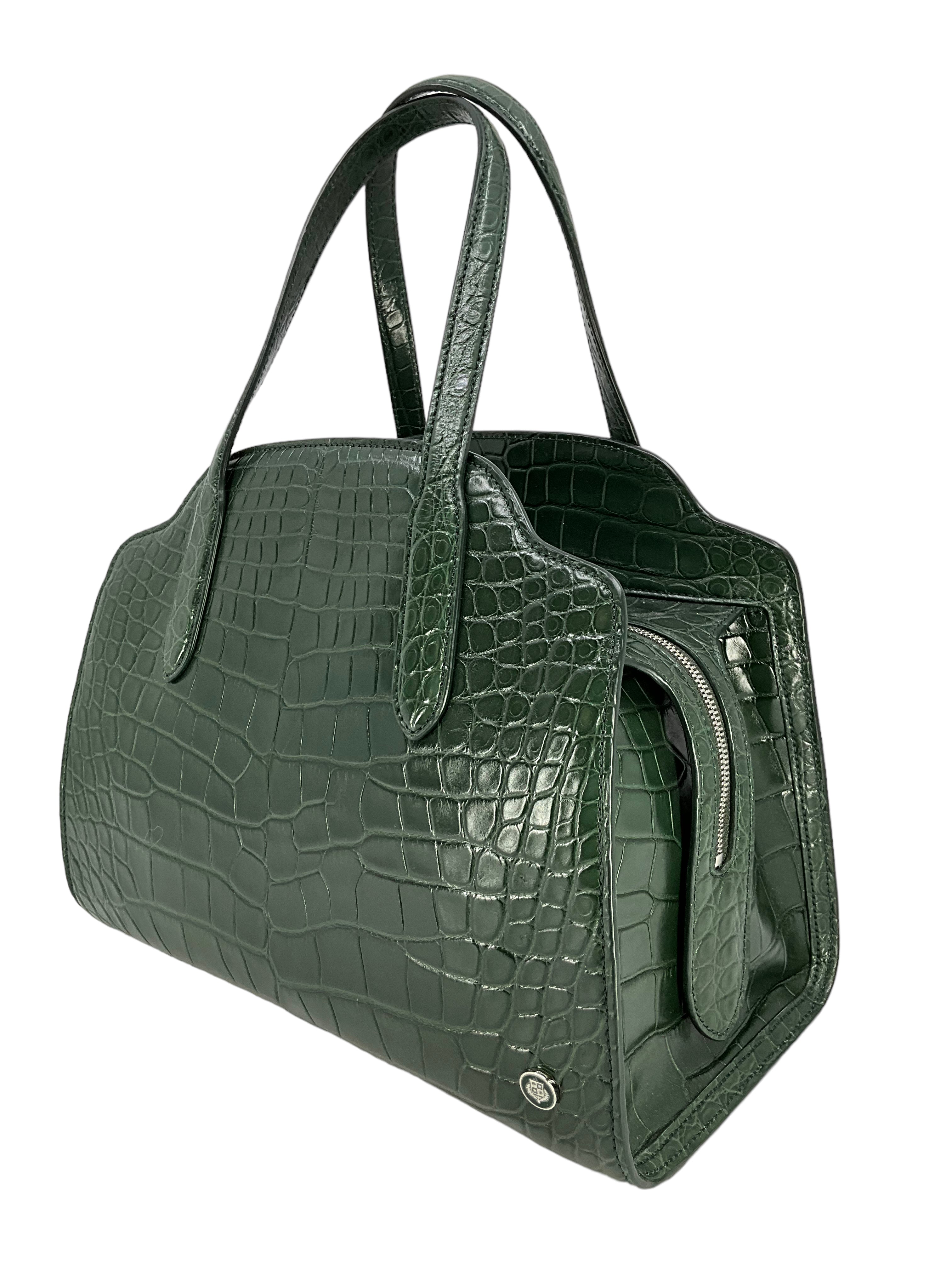 LORO PIANA Alligator Leather Large Sesia Satchel Bag with Adjustable Shoulder Strap - Luxury Handbag for Women, Perfect for Work, Travel & Evening Events