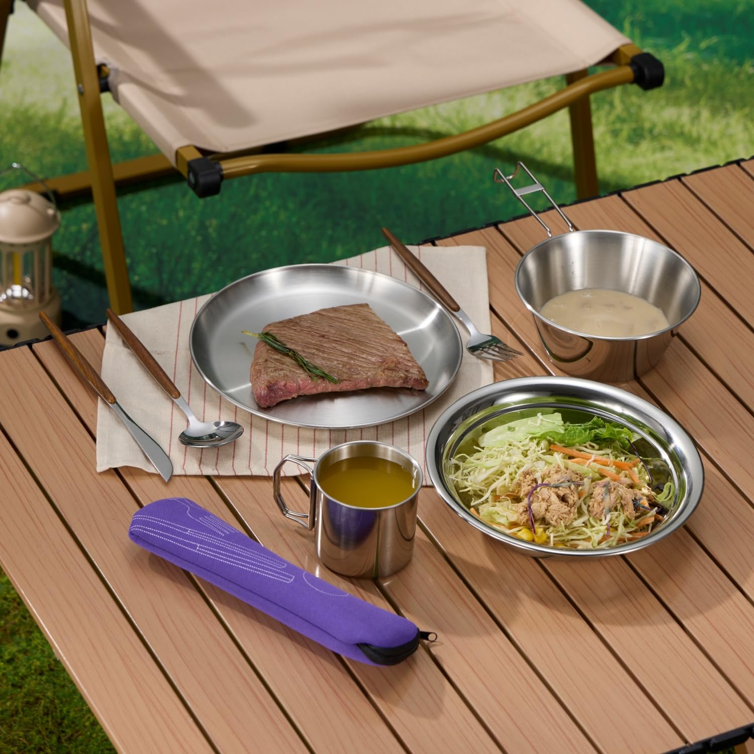 **31-Piece Camping Kitchen Tableware Set for 4 People - Stainless Steel Bowls, Plates, Cups, Spoons, Forks & Serrated Knife - Compact & Lightweight Mess Kit for Backpacking, Hiking, Picnics & Outdoor Adventures**