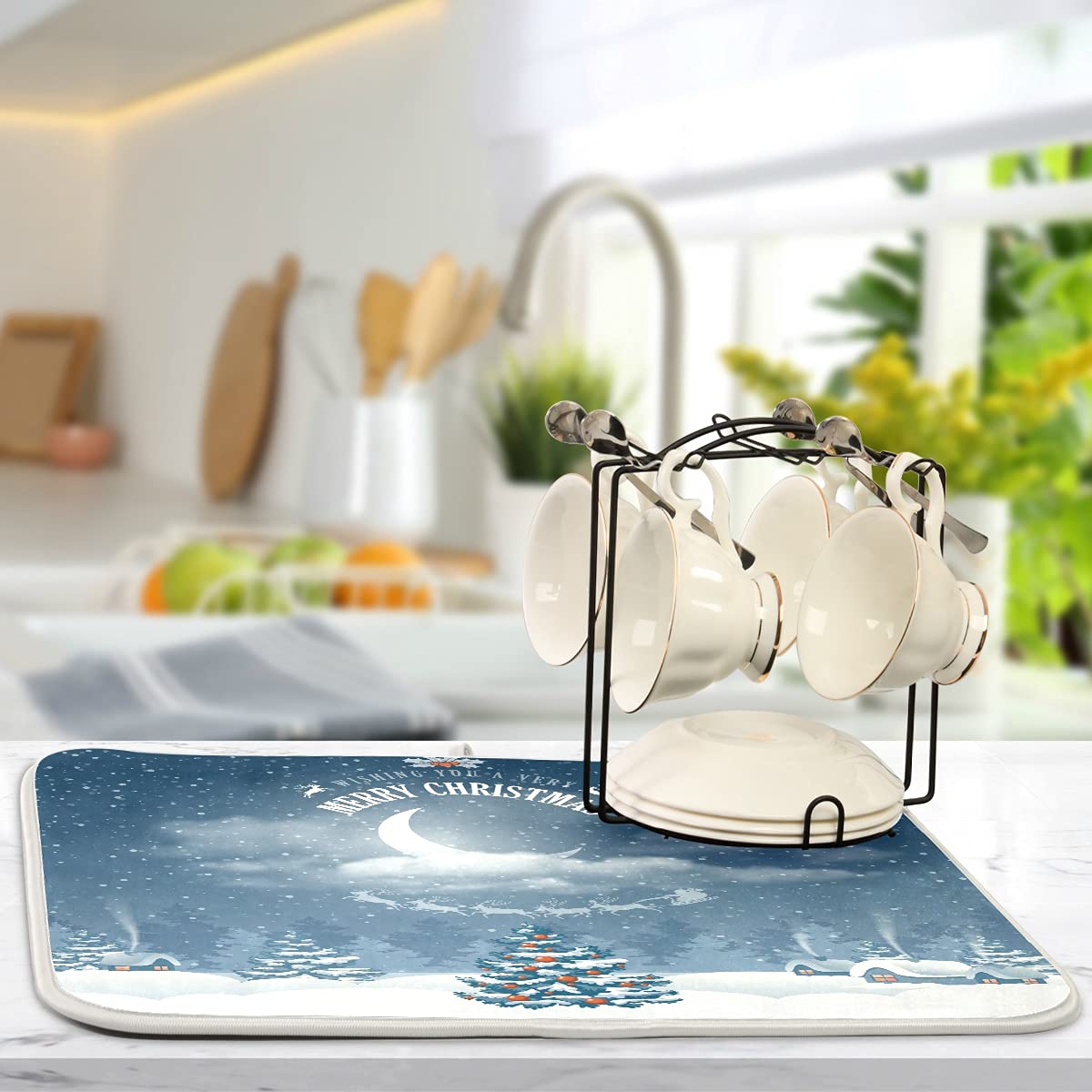 Premium Christmas-Themed Microfiber Dish Drying Mat - Super Absorbent, Heat Resistant Kitchen Counter Pad (16