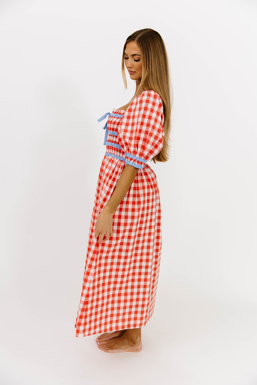 Ravina Red Gingham Contrast Midi Dress - Floral Print Summer Dress for Women | Perfect for Beach Vacations, Garden Parties & Date Nights