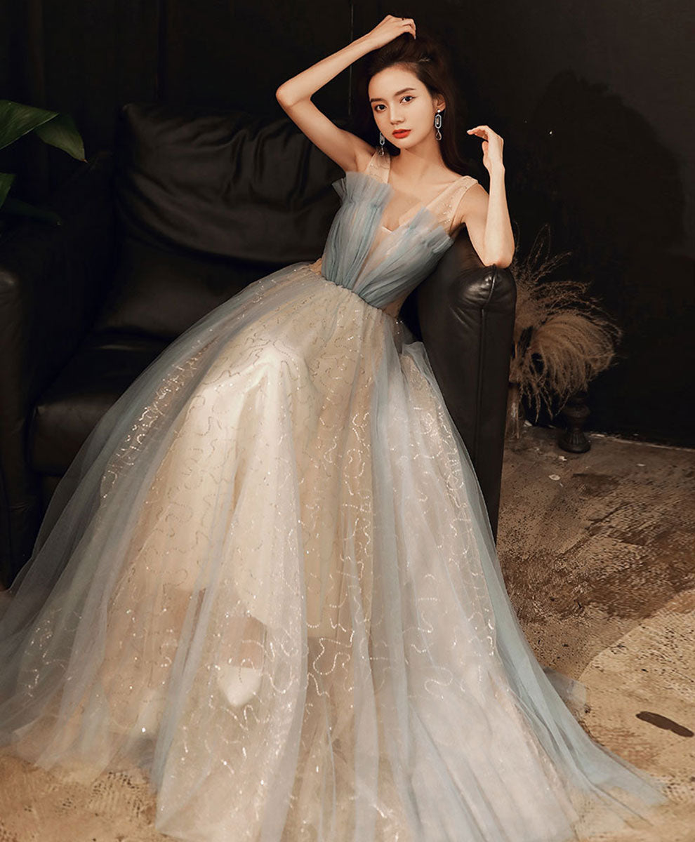 Elegant Blue V-Neck Tulle Long Prom Dress with Sequin Details - Perfect for Formal Dances, Evening Galas & Special Occasions