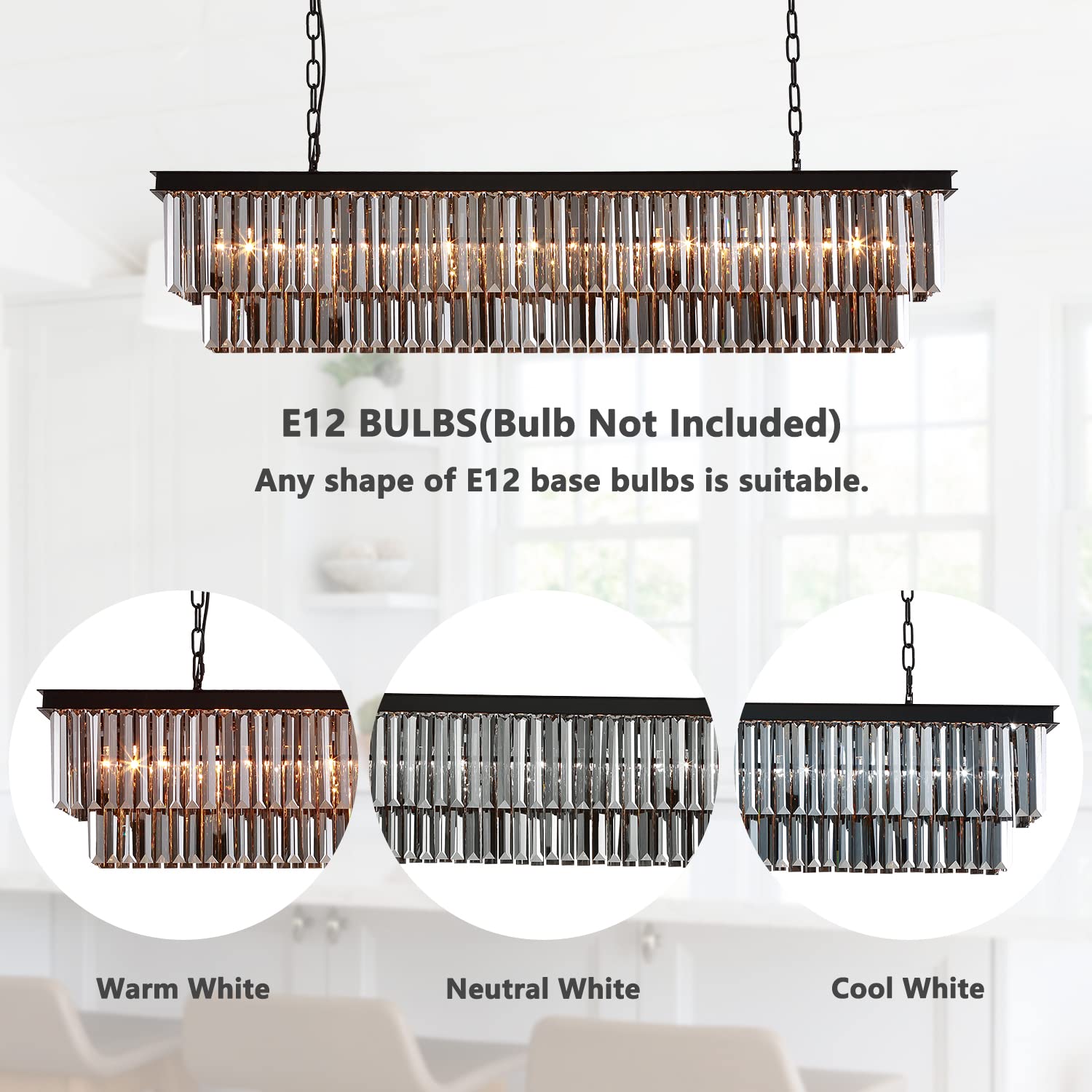 Siljoy L47 Modern Crystal Chandelier - 8-Light Rectangular Kitchen Island Pendant Light with Black Metal Frame & Smoky Gray Crystals - Perfect for Dining Room, Kitchen Island, Foyer Lighting - Elegant Ceiling Fixture for Home Decor