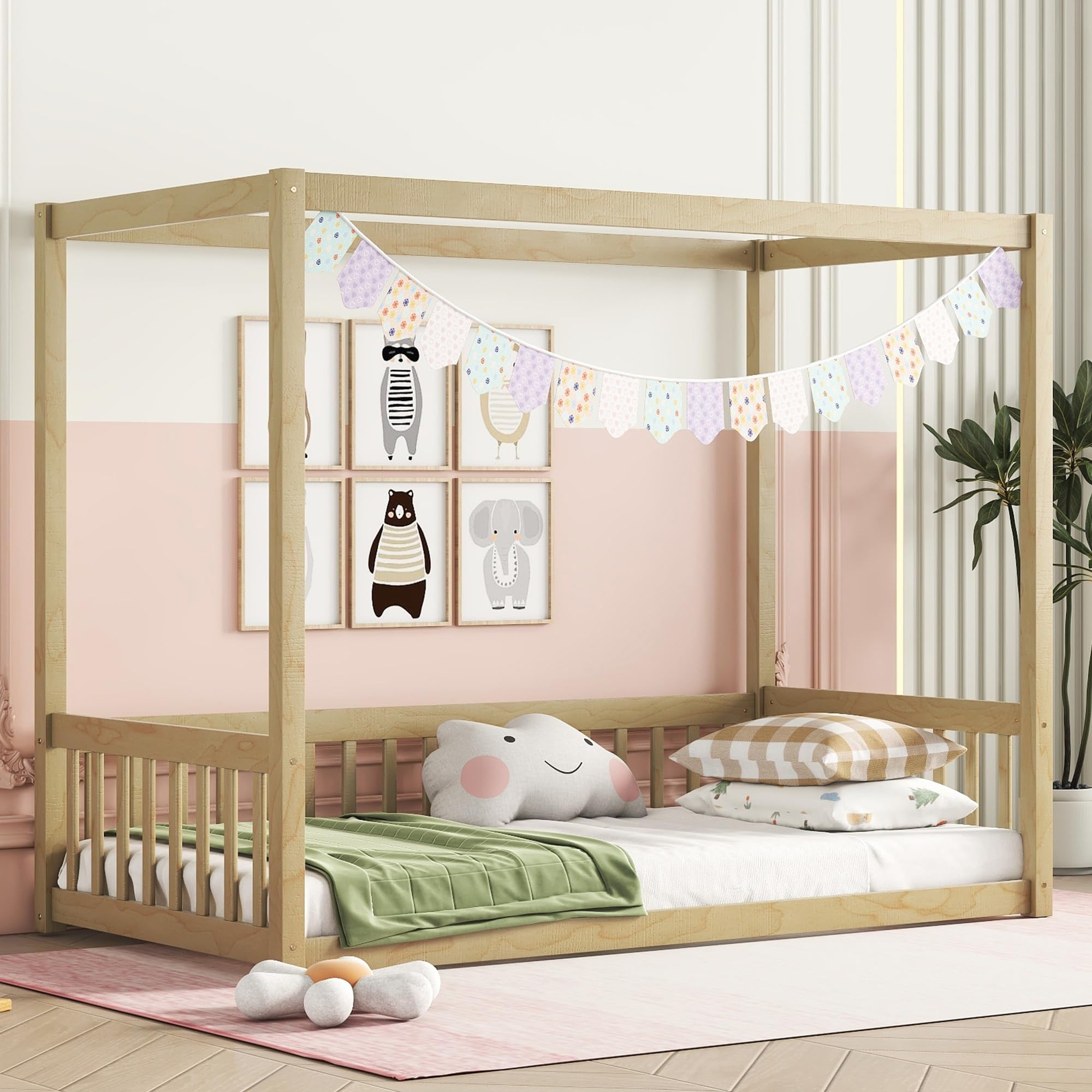 Twin Size Wood Canopy Bed Frame with Safety Fence for Kids - Sturdy Four Poster Platform Bed for Boys & Girls (Natural Finish) - Perfect for Nursery, Bedroom, Playroom & Sleepovers