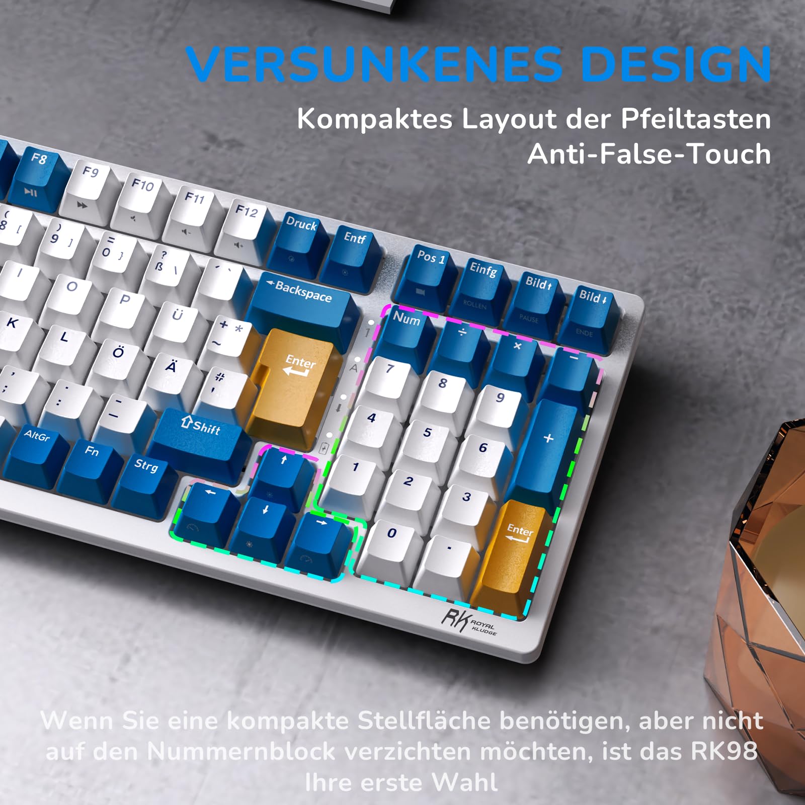 RK ROYAL KLUDGE RK98 Wireless Mechanical Gaming Keyboard - 2.4G/Bluetooth 5.1/USB-C Triple Mode, RGB Backlit, Hot-Swappable Red Switches, 100-Key German QWERTZ Layout - Perfect for Gaming, Office Work & Typing (White)