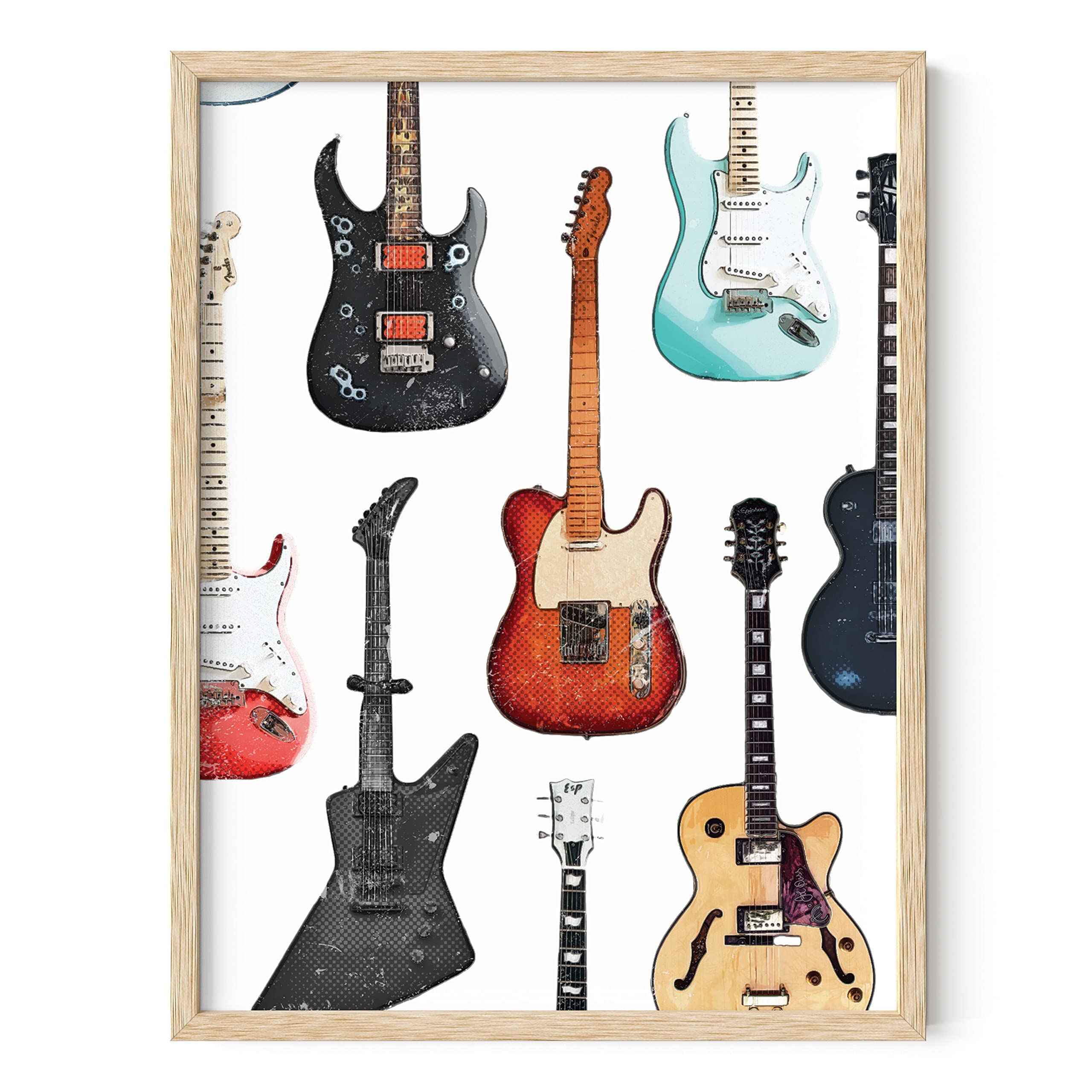 Vintage 90s Guitar Poster - Retro Music Wall Art Decor for Bedroom, Living Room & Office | Indie Aesthetic Print with Beige Frame (12x16 inches) | Perfect for Music Lovers, Man Cave & Teen Room Decor