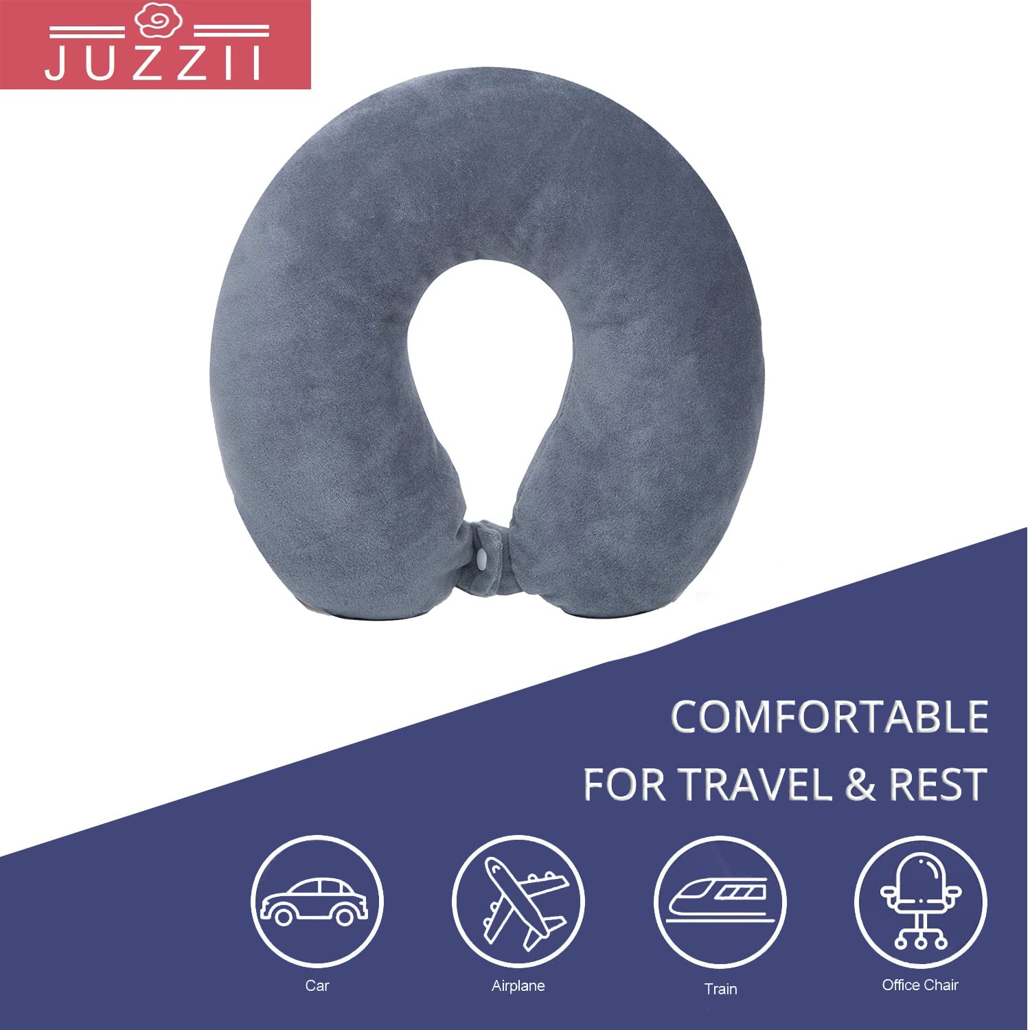 Juzzii Velvet Soft U-Shape Unisex Neck Pillow & Eye Mask Set for Travel - Grey Comfort Combo for Airplane, Car, Office Nap & Relaxation