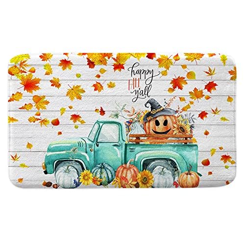 Funny Pumpkin Bathroom Rug - Autumn Teal Truck Design Non-Slip Bath Mat for Farmhouse Decor (16x24 Inch) | Thanksgiving & Fall Home Decor, Perfect for Bathroom, Kitchen, or Entryway