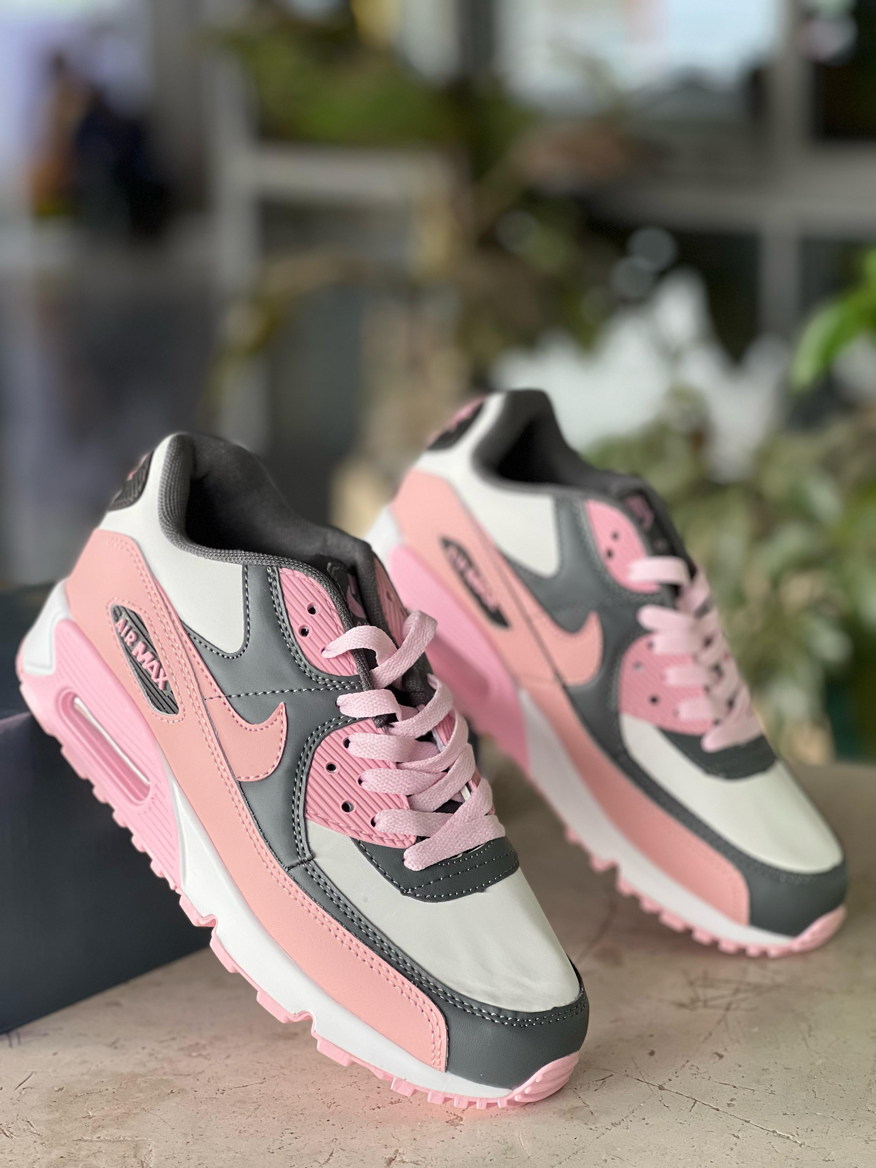 Nike Air Max 90 Running Shoes for Men & Women - Pink, Grey & White Colorway - Comfortable Cushioned Sneakers for Jogging, Gym & Casual Wear