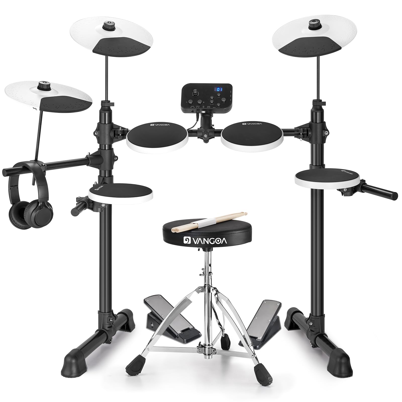 Vangoa 8-Piece Electronic Drum Set for Adults - Quiet Drum Pads, Cymbals, 2 Lightweight Pedals, 150 Built-in Sounds & Headphone Jack - Perfect for Beginners & Home Practice (White) - Ideal for Music Learning, Studio Recording & Silent Practice Sessions