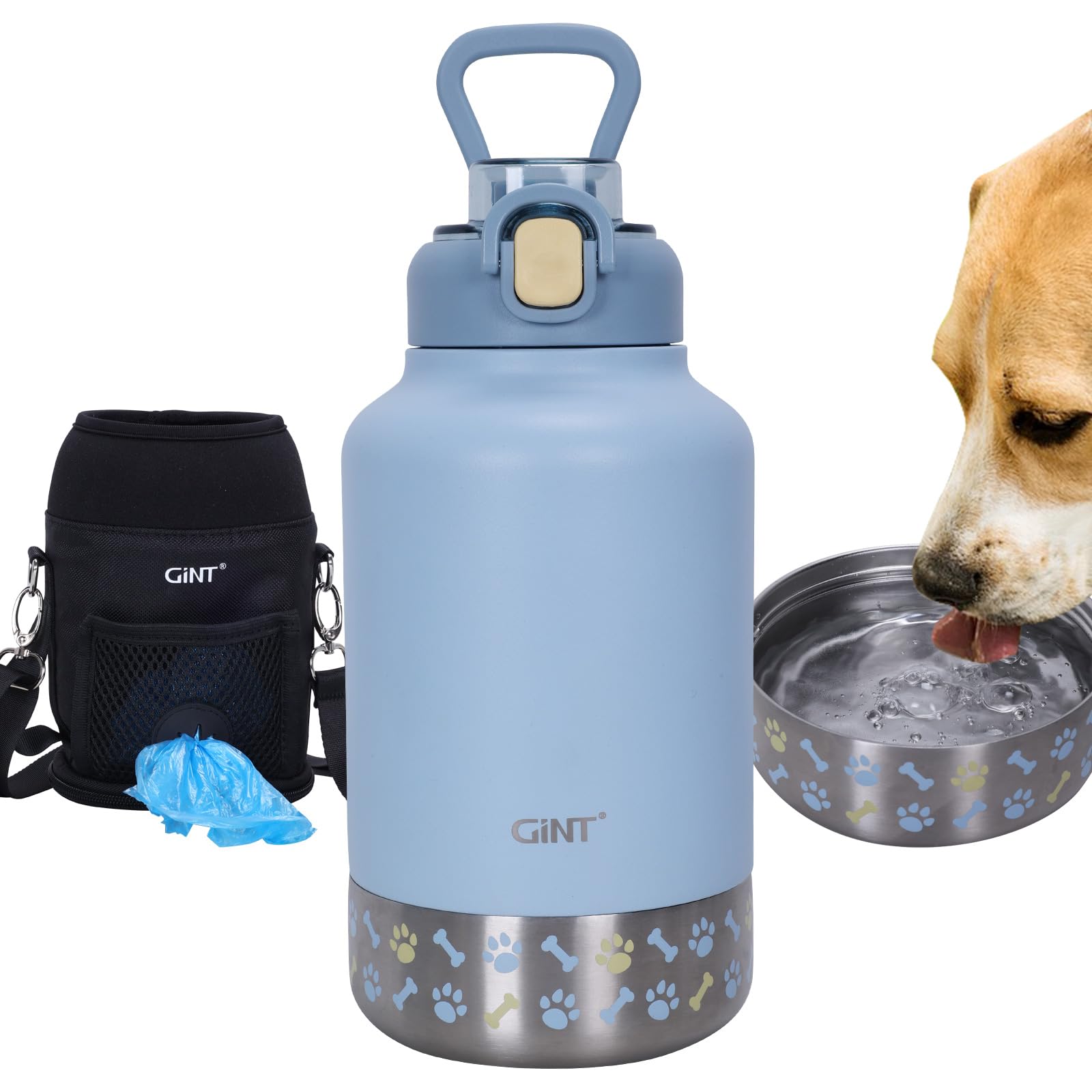 **GiNT 37oz Insulated Stainless Steel Dog Water Bottle with Portable Bowl & Carrying Case – Leak-Proof Travel Water Dispenser for Dogs, Pets & Humans – Perfect for Hiking, Camping, and Daily Walks**