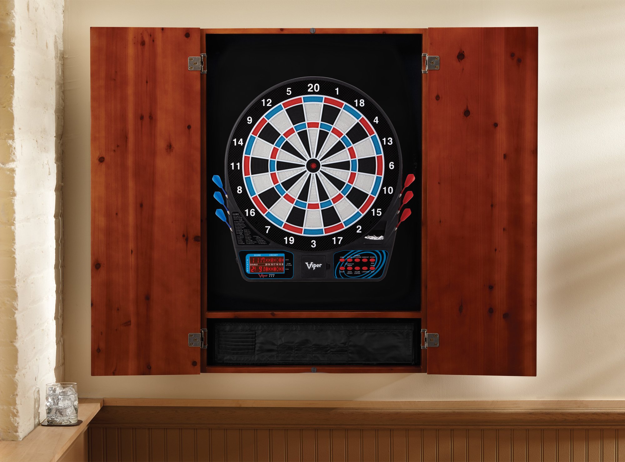 Premium Viper Metropolitan Solid Wood Dartboard Cabinet with Electronic Dartboard - Ready-to-Play Bundle Includes 2 Sets of Soft-Tip Darts & Integrated Storage - Multiple Stain Options for Home Game Room, Man Cave or Bar Entertainment