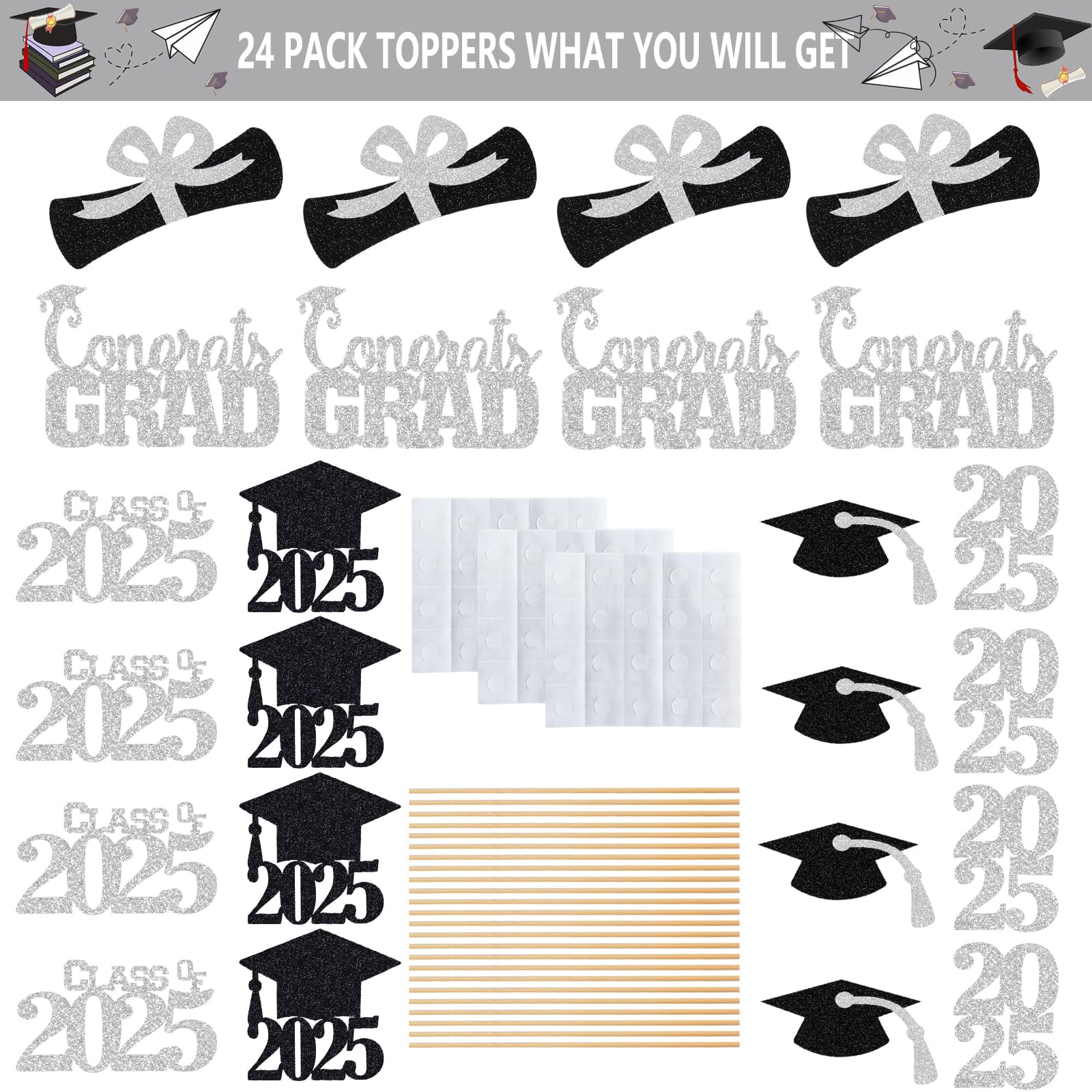 24Pcs Silver Graduation Table Centerpieces Sticks - Elegant Class of 2025 Graduation Party Decorations for Tables, Commencement Ceremony & High School/College Graduation Celebrations