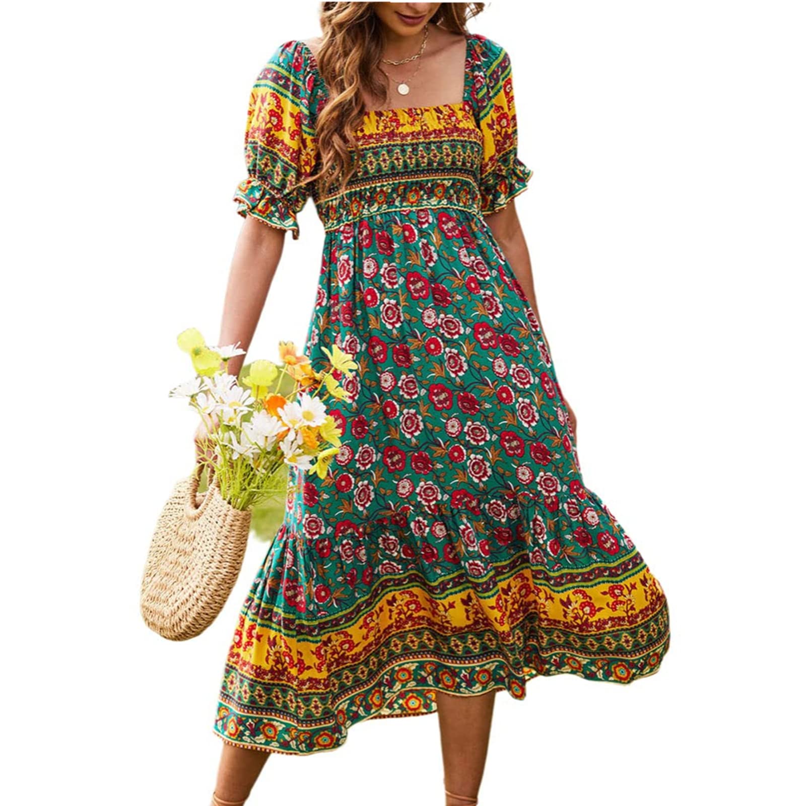 Hekkomird Women's Summer Boho Dress - Square Neck Ruffle Swing Beach Maxi Dress, Bohemian Midi Dress with Cake Skirt | Perfect for Beach Vacations, Music Festivals & Summer Parties