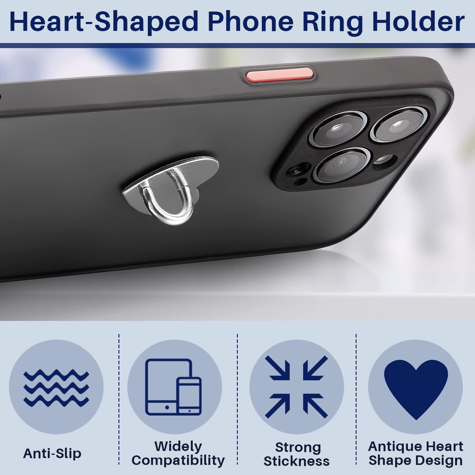 6-Pack Heart Shaped Phone Ring Holder - Universal Adhesive Metal Finger Grip Stand for iPhone, Samsung & Smartphones (Sticky Phone Charm Accessories) - Perfect for Hands-Free Viewing, Selfies & Secure Grip