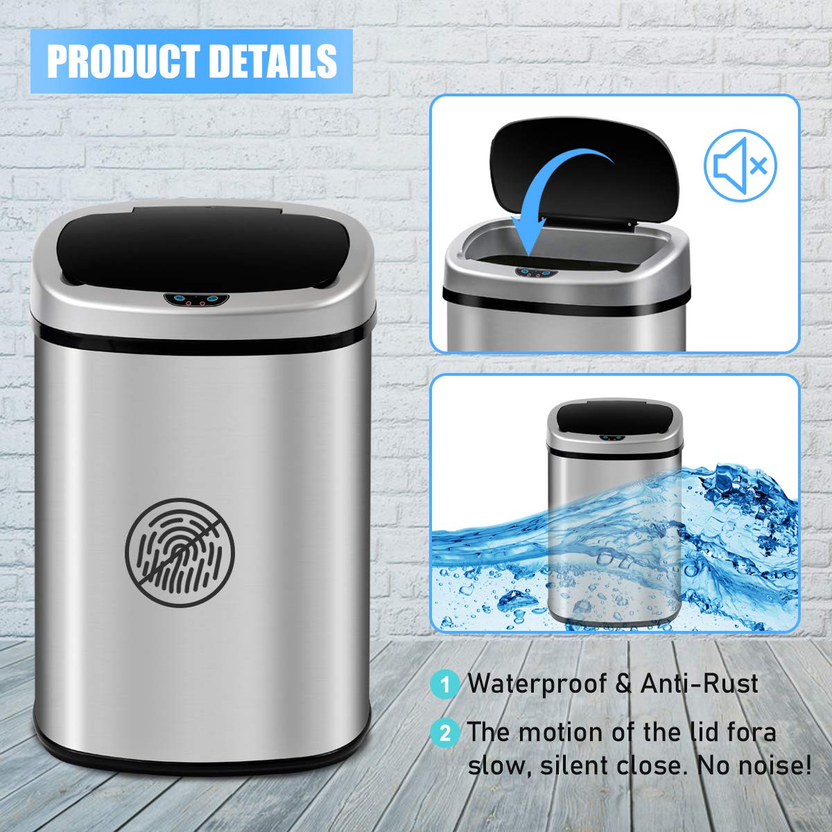Stainless Steel 13 Gallon Automatic Sensor Trash Can with Lid - Touch-Free 50 Liter Large Capacity Kitchen Garbage Bin for Home, Bathroom, Office & Bedroom - Perfect for Hands-Free Waste Disposal & Hygiene Maintenance
